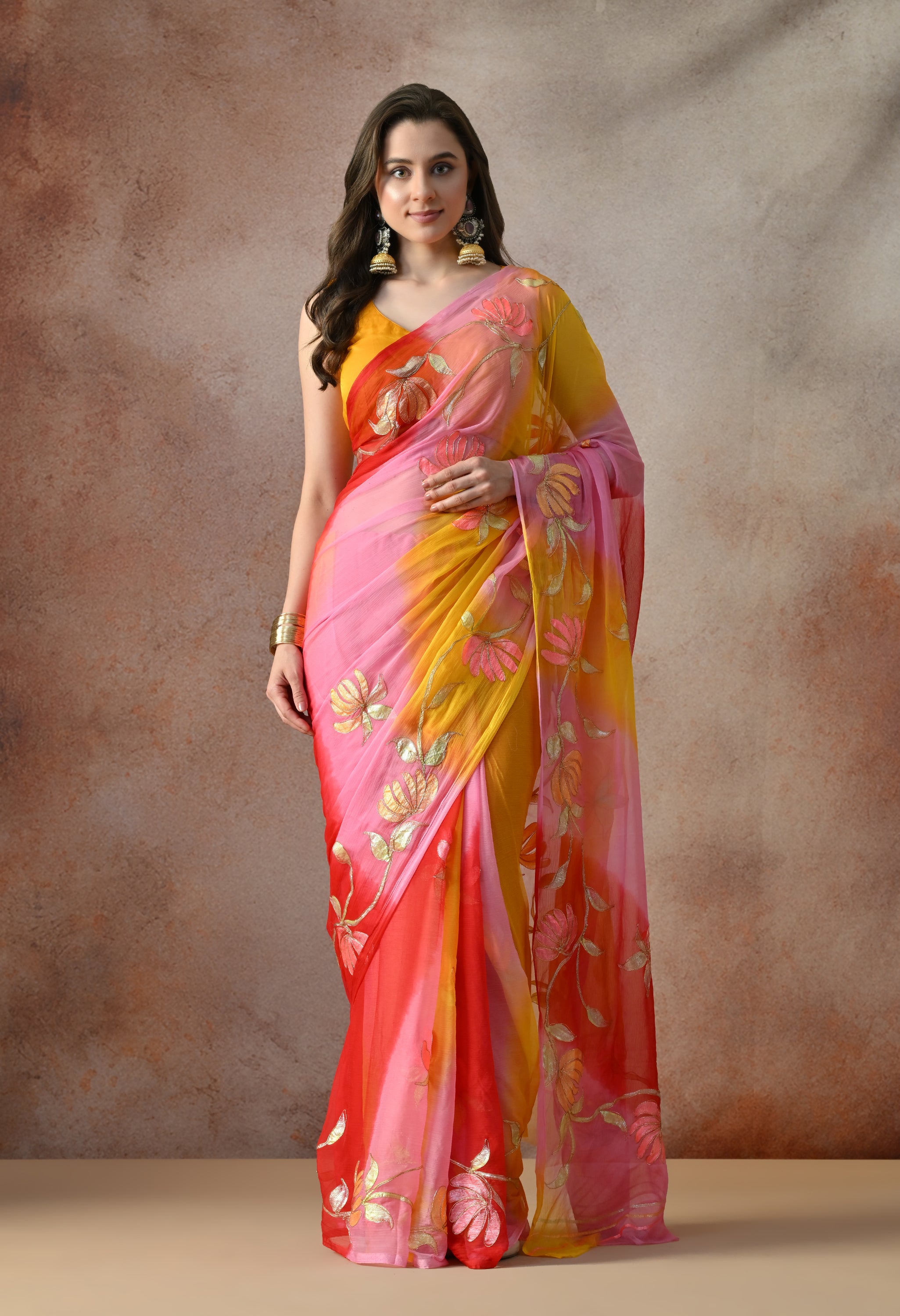 Blush Coral Tie & Dye Aari Work Chiffon Saree