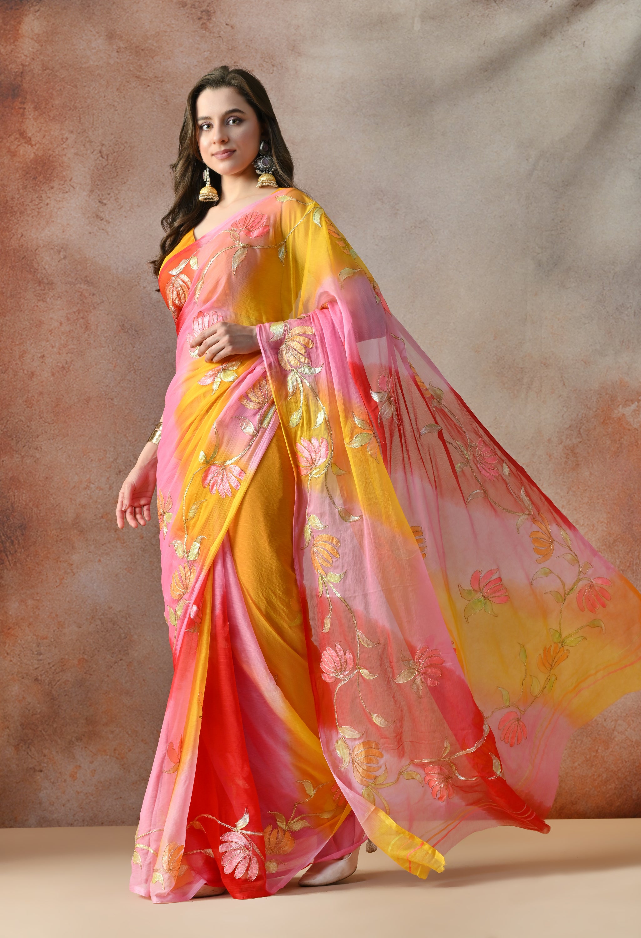 Blush Coral Tie & Dye Aari Work Chiffon Saree