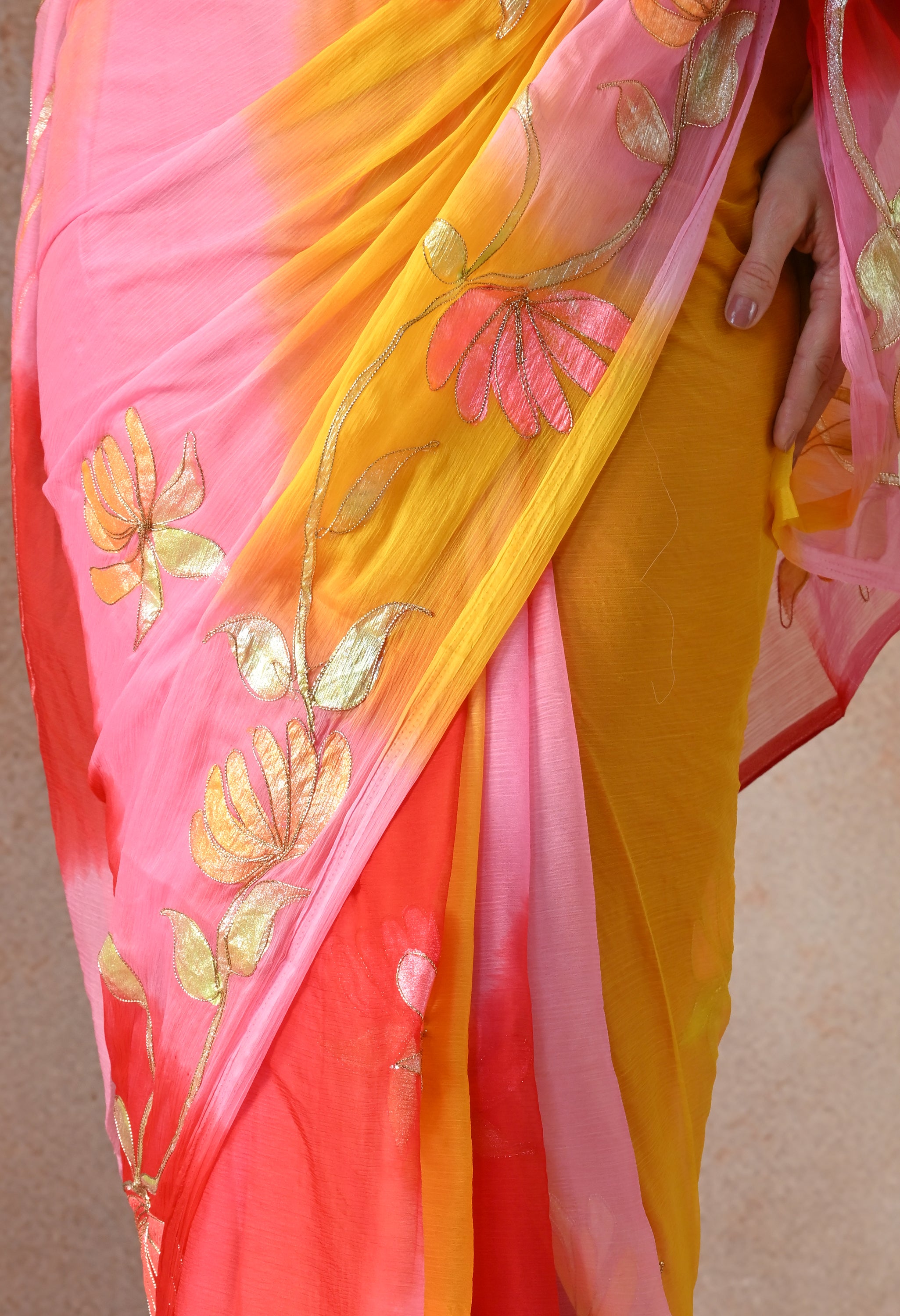 Blush Coral Tie & Dye Aari Work Chiffon Saree