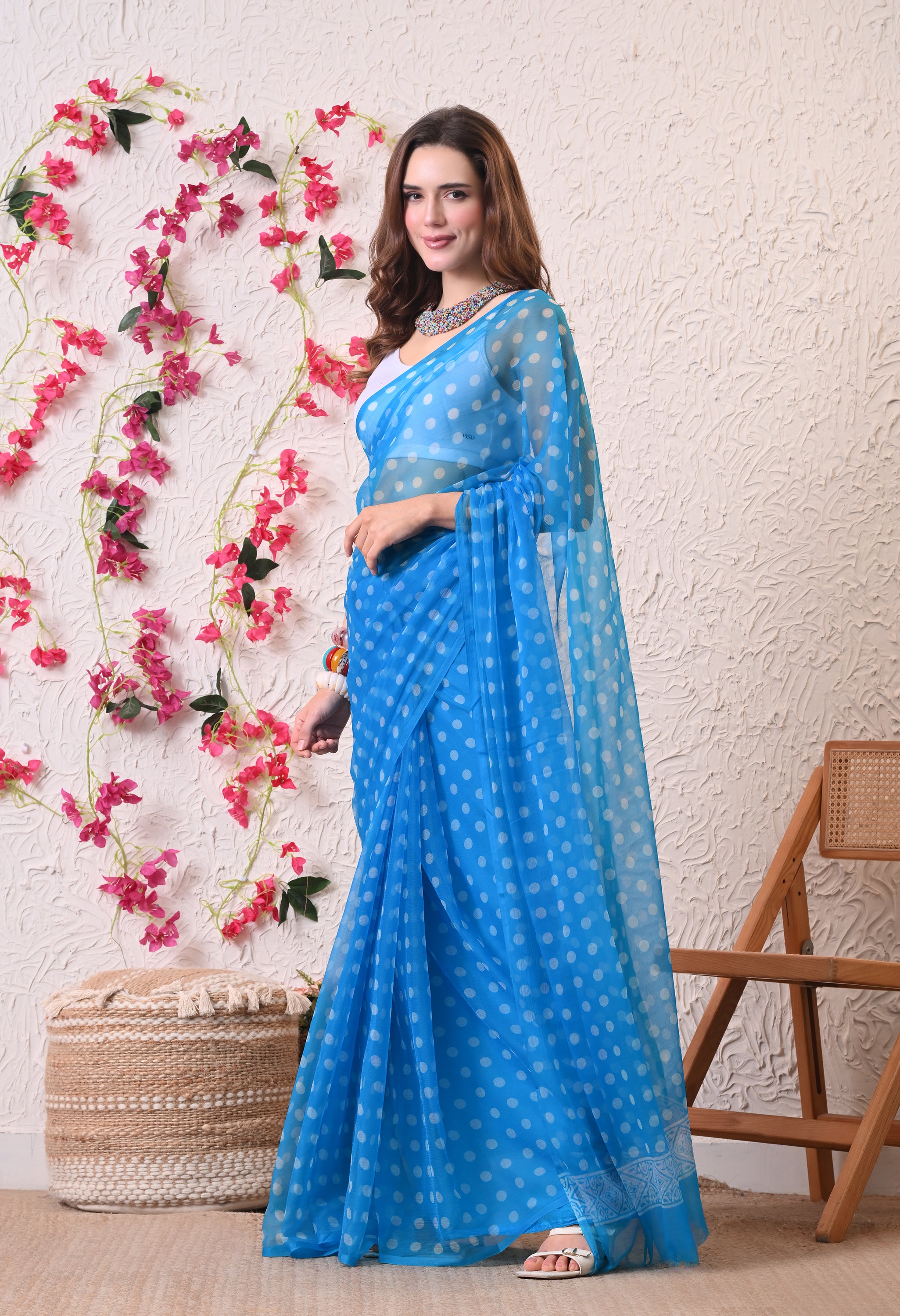Azure Dot Italian Chiffon Saree