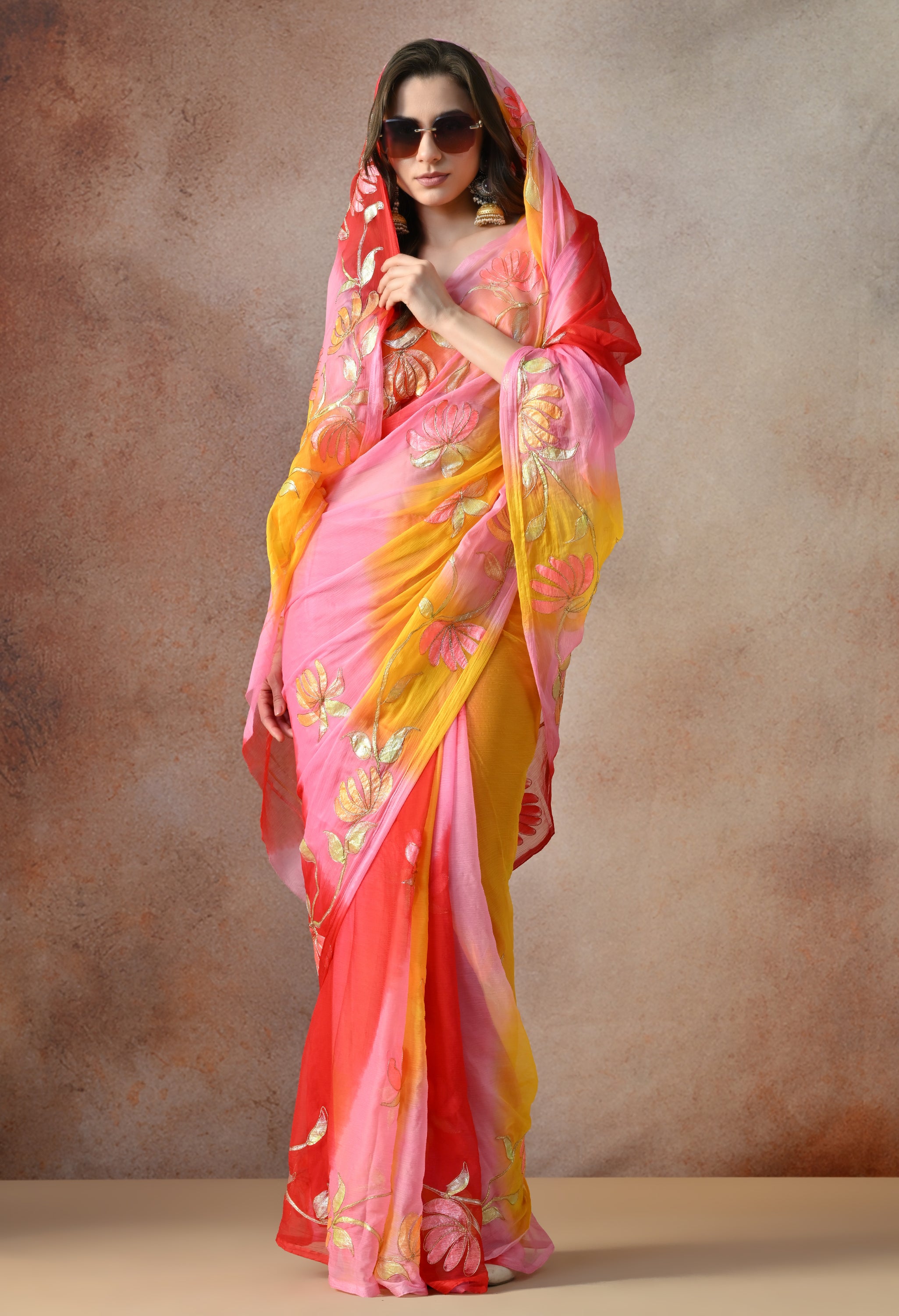 Blush Coral Tie & Dye Aari Work Chiffon Saree