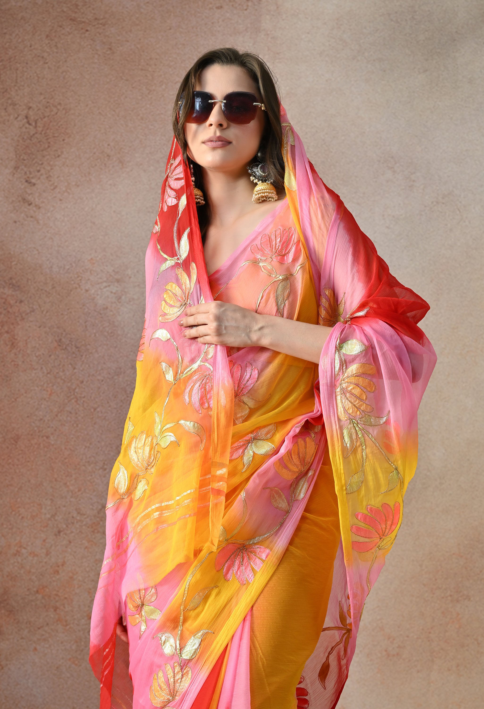 Blush Coral Tie & Dye Aari Work Chiffon Saree