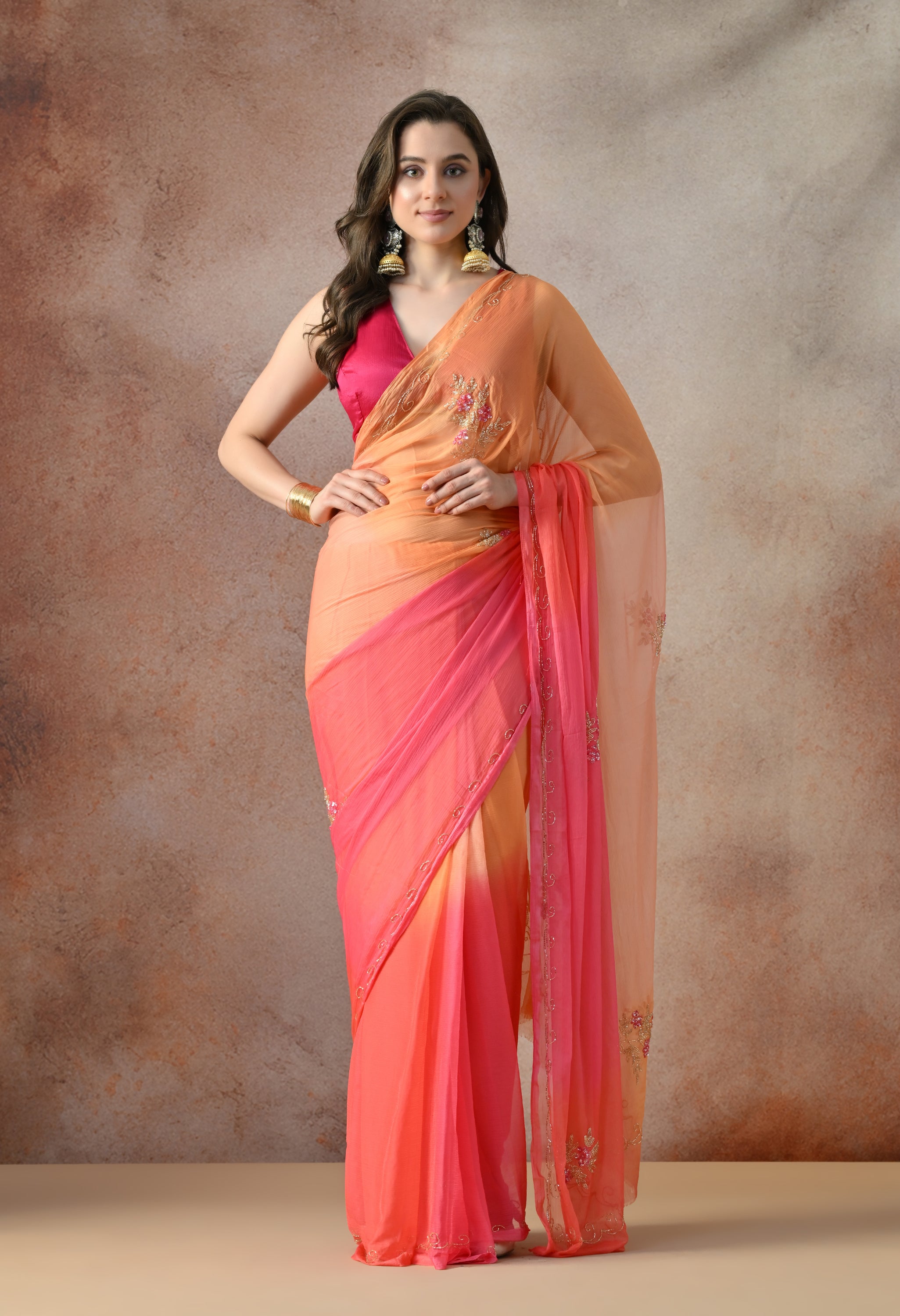 Peach Blush Ombre Italian Chiffon Saree