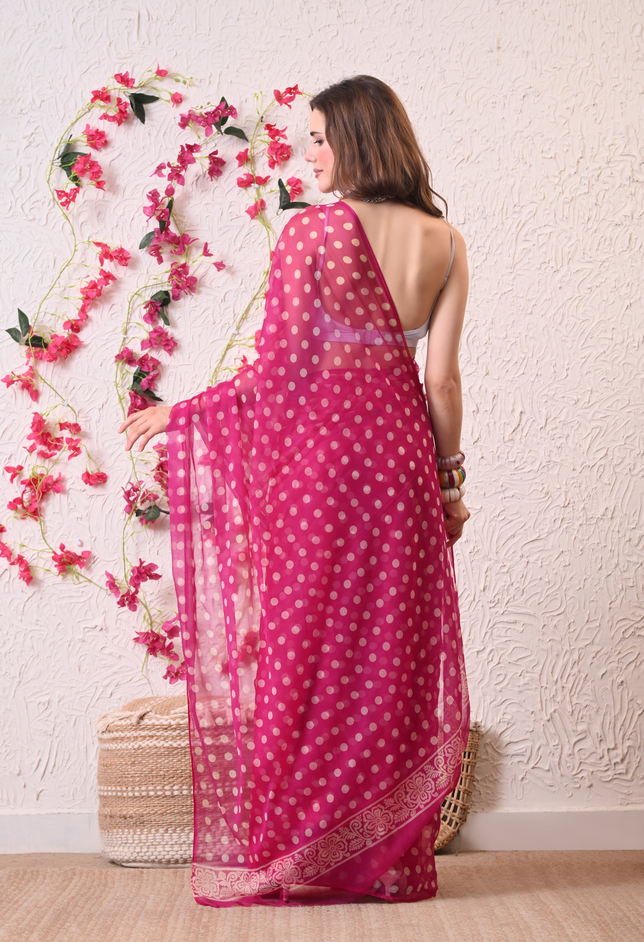 Fuchsia Dot Italian Chiffon Saree