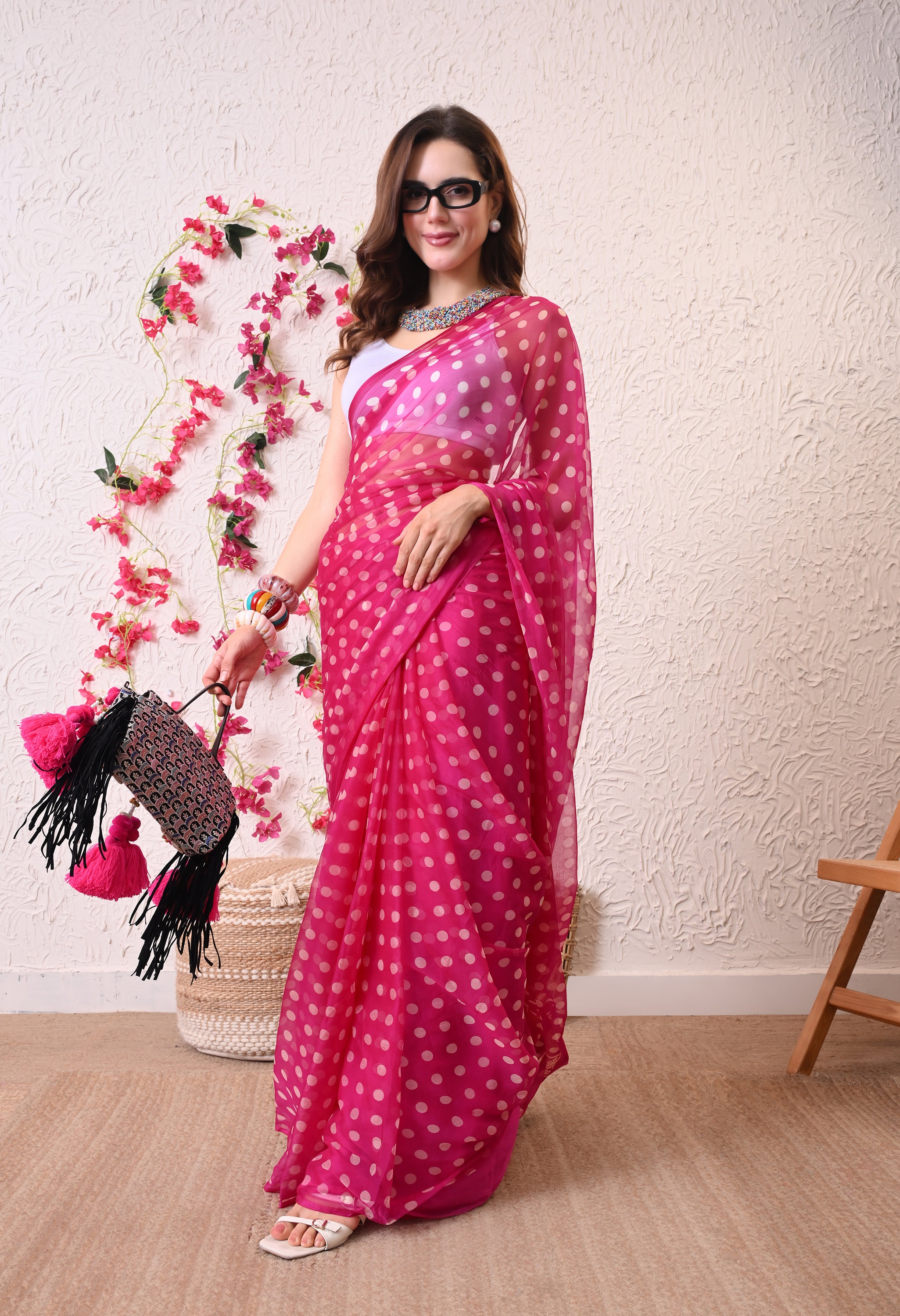 Fuchsia Dot Italian Chiffon Saree