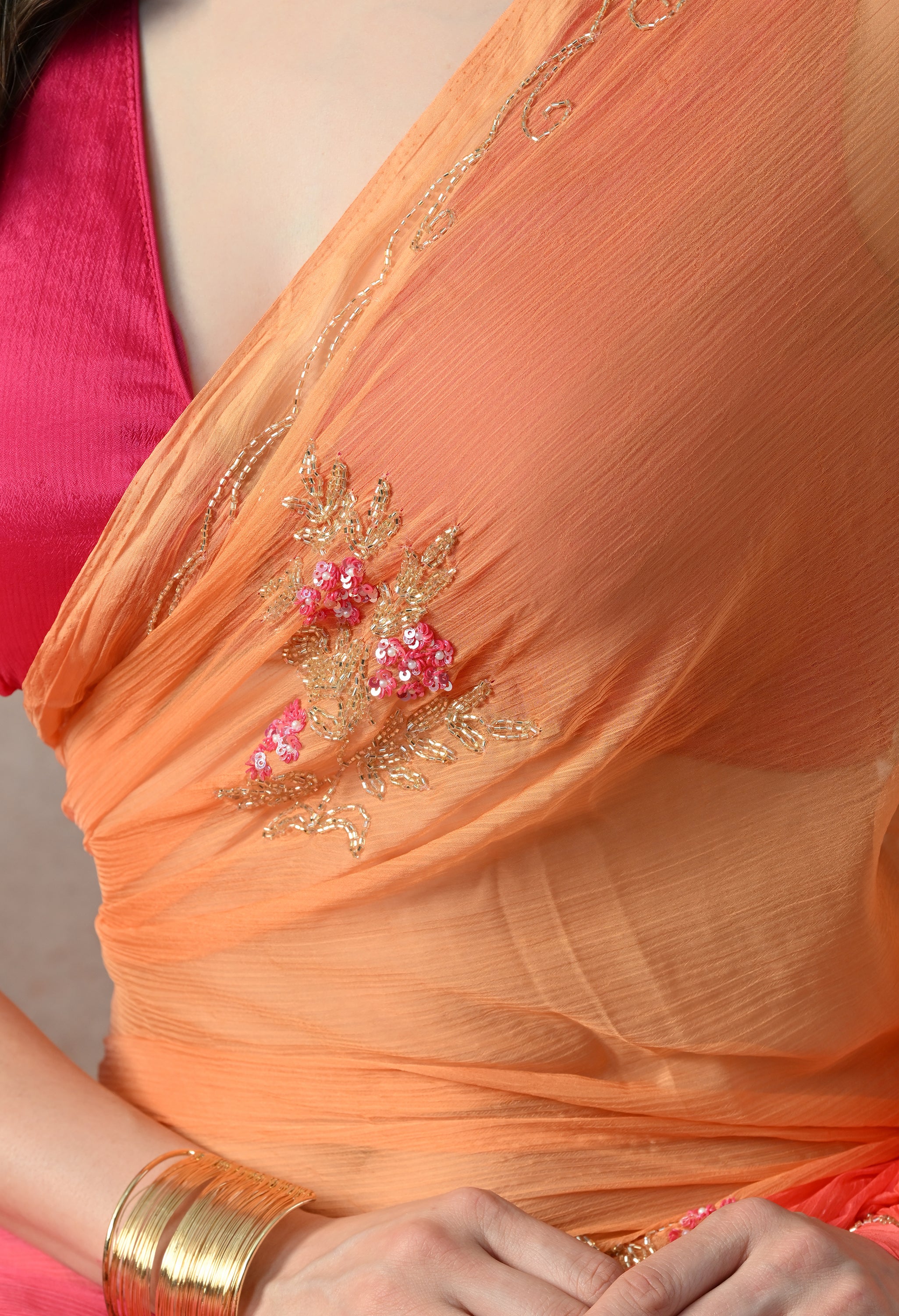 Peach Blush Ombre Italian Chiffon Saree