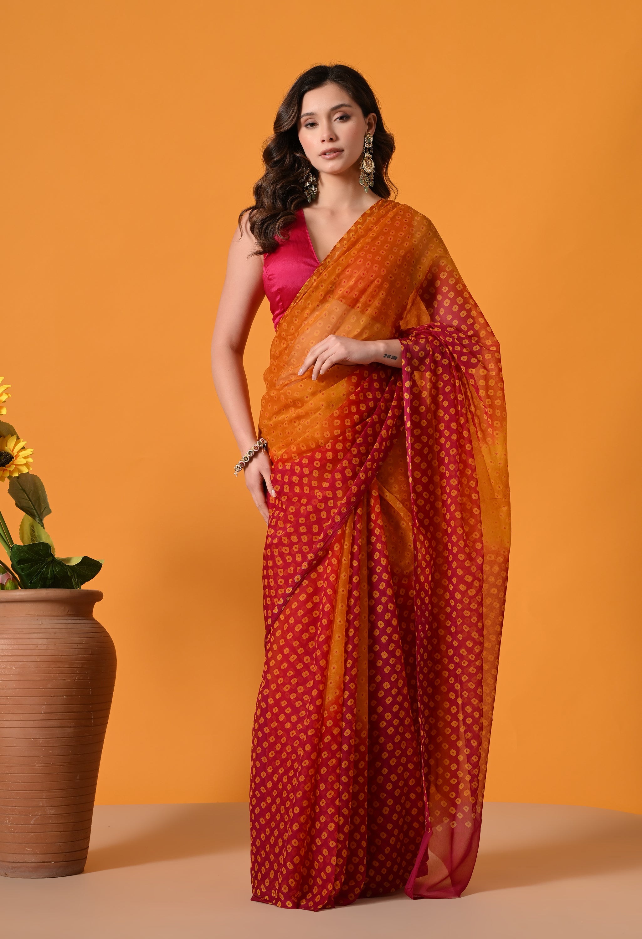 Orange & Pink Chiffon Bandhej Print Saree