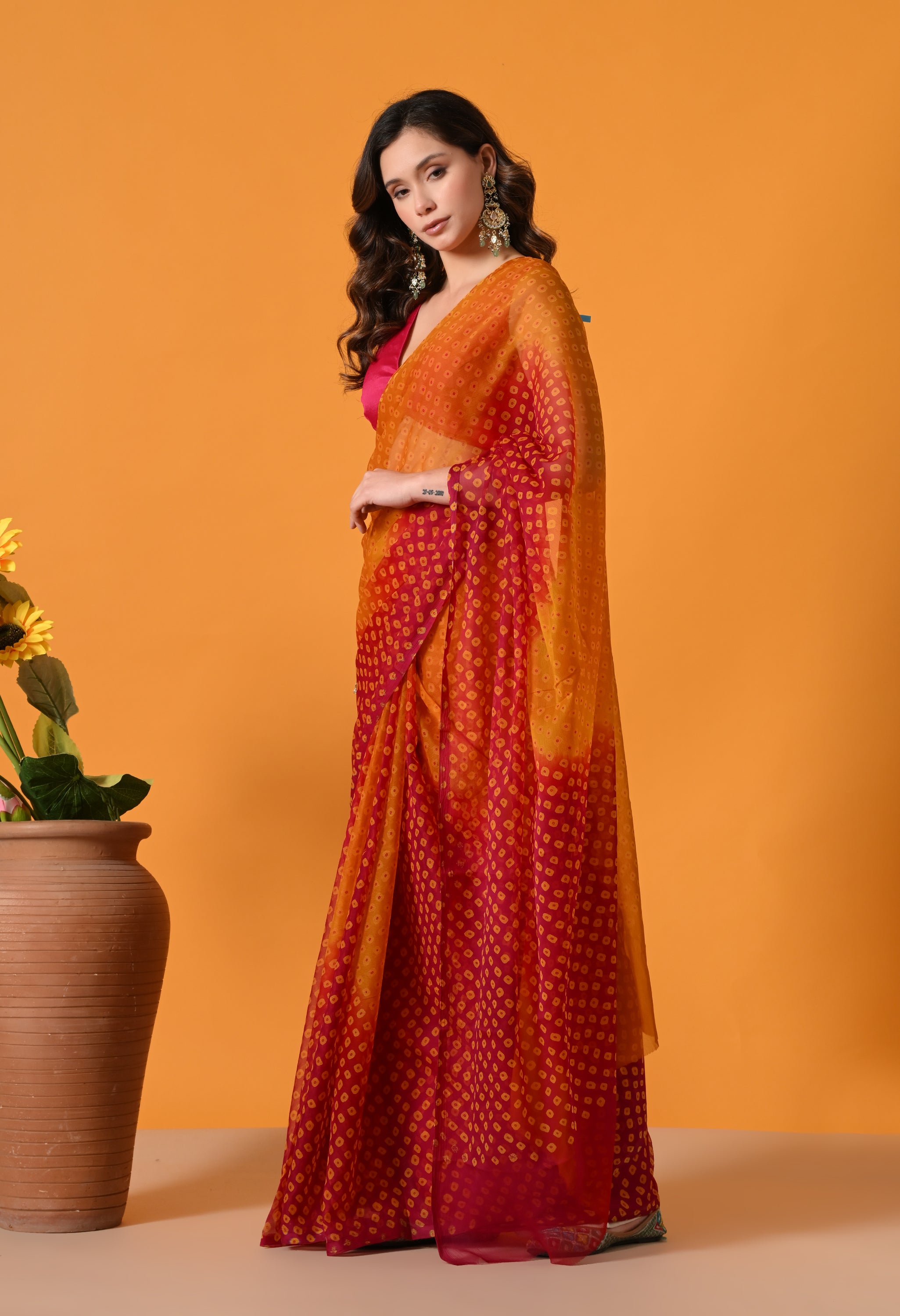 Orange & Pink Chiffon Bandhej Print Saree