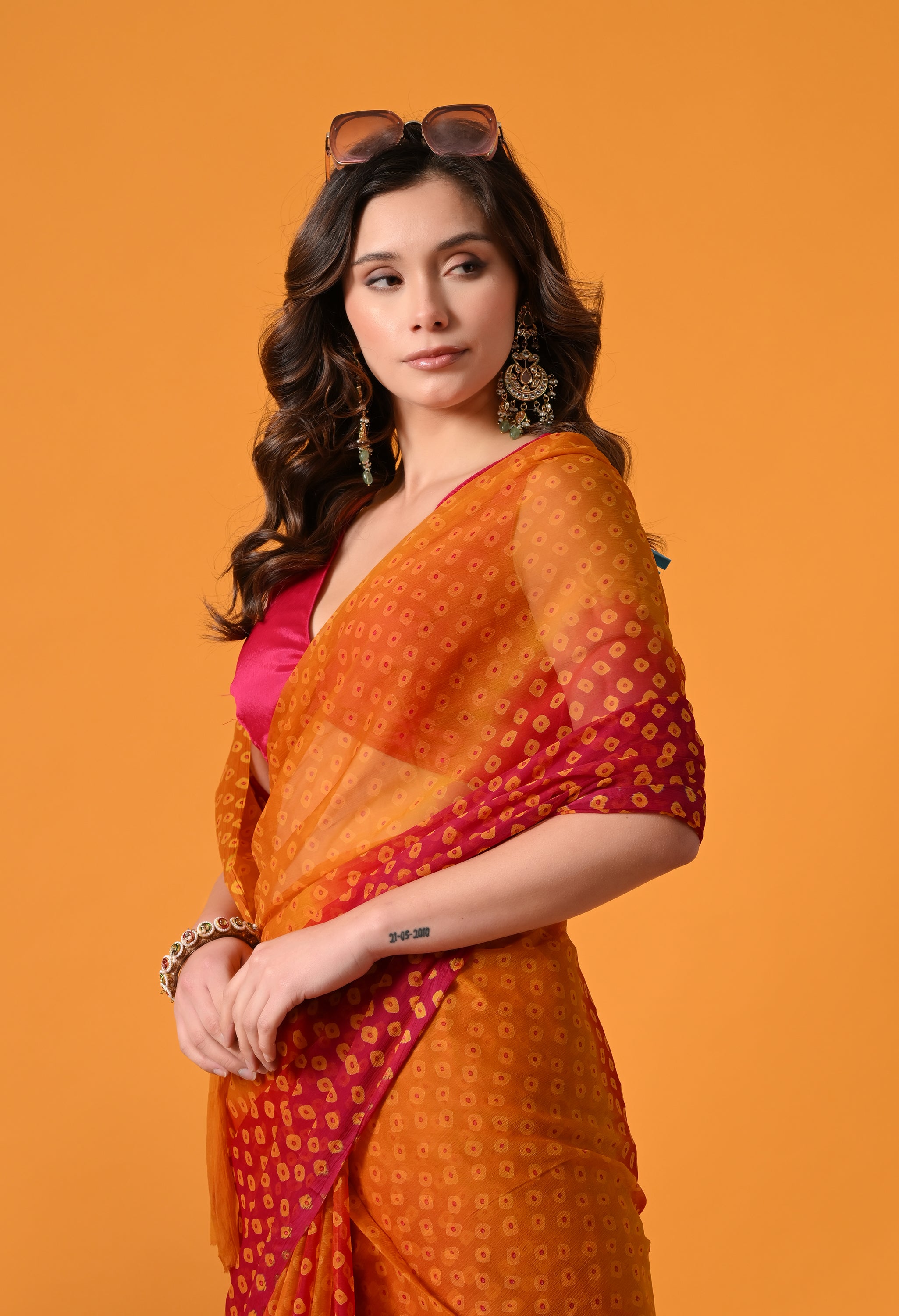Orange & Pink Chiffon Bandhej Print Saree