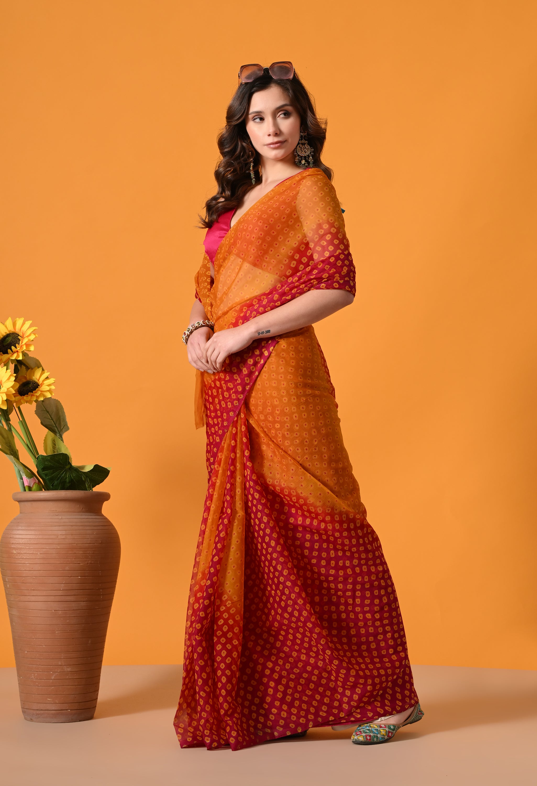 Orange & Pink Chiffon Bandhej Print Saree