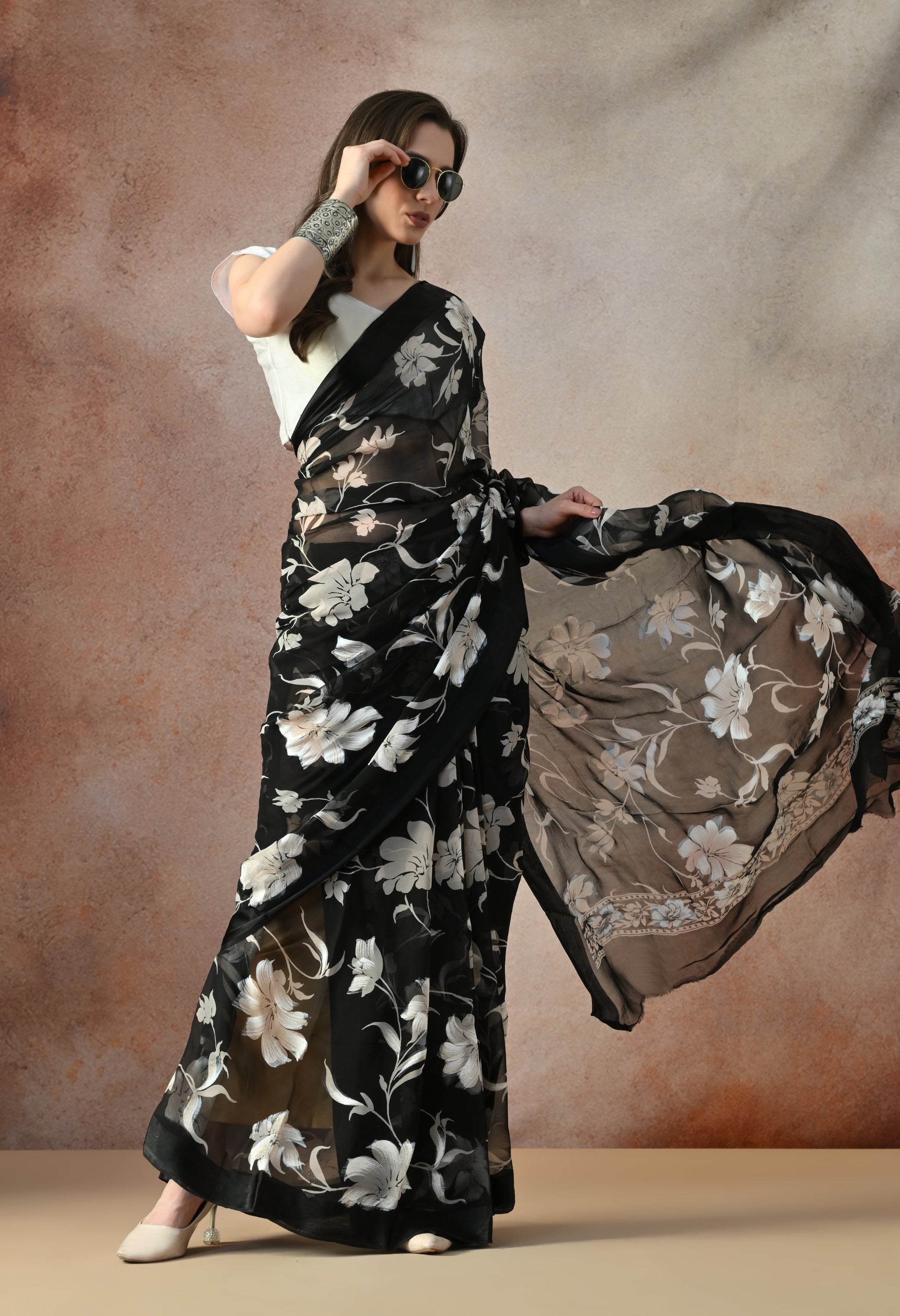 Midnight Black Ivory Iris Print Pure Chiffon Saree