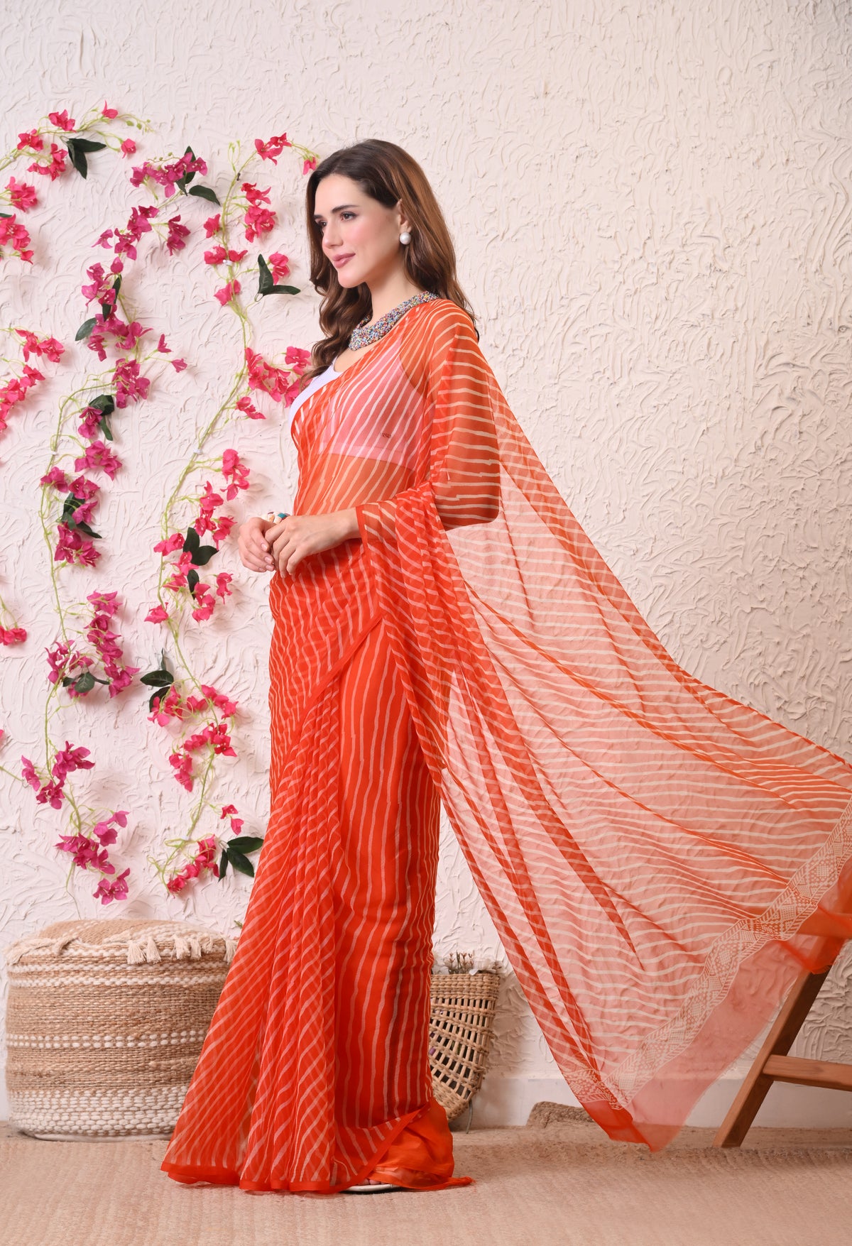 Coral Blaze Italian Chiffon Saree