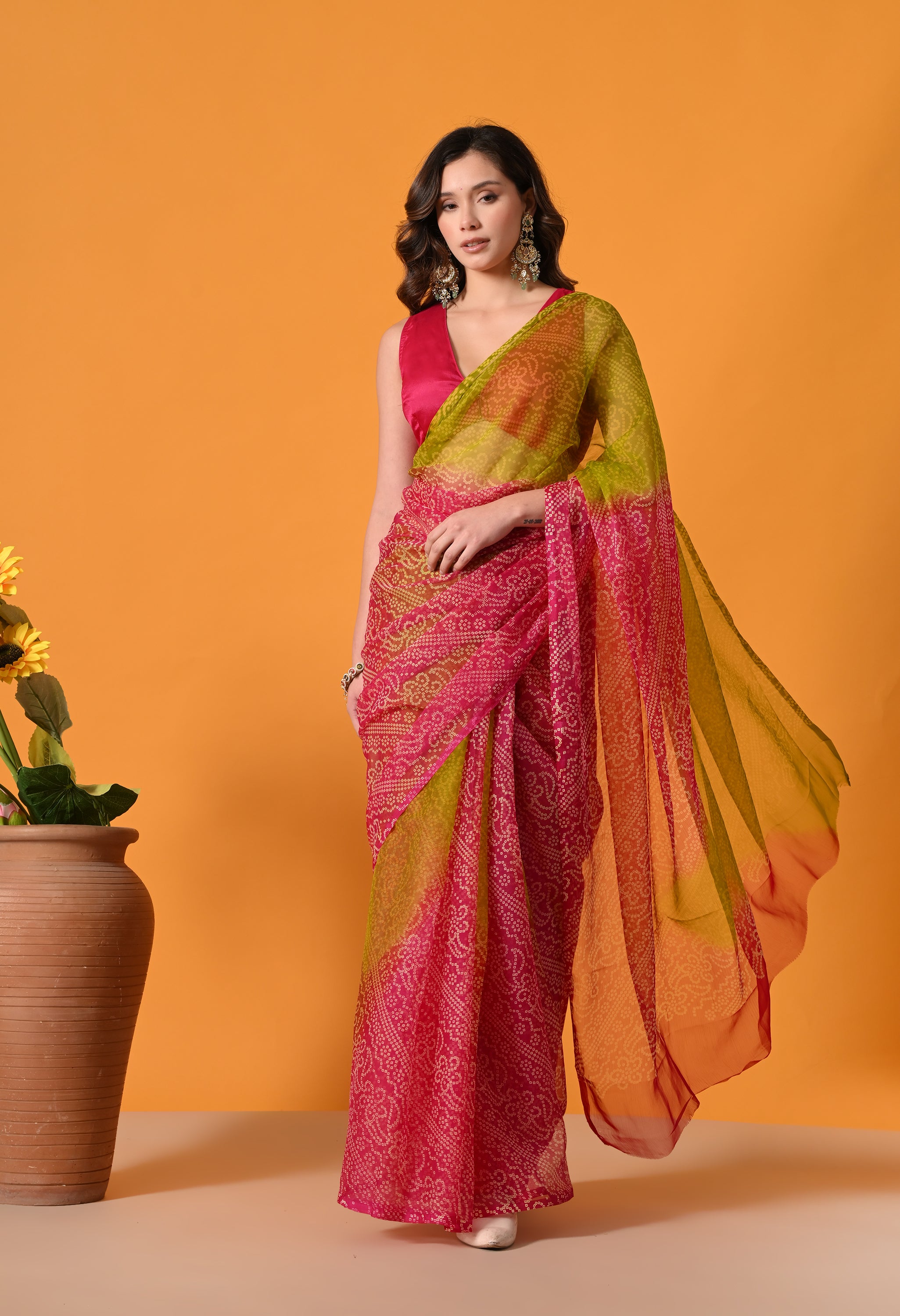 Pink & Olive Green Chiffon Bandhani Print Saree