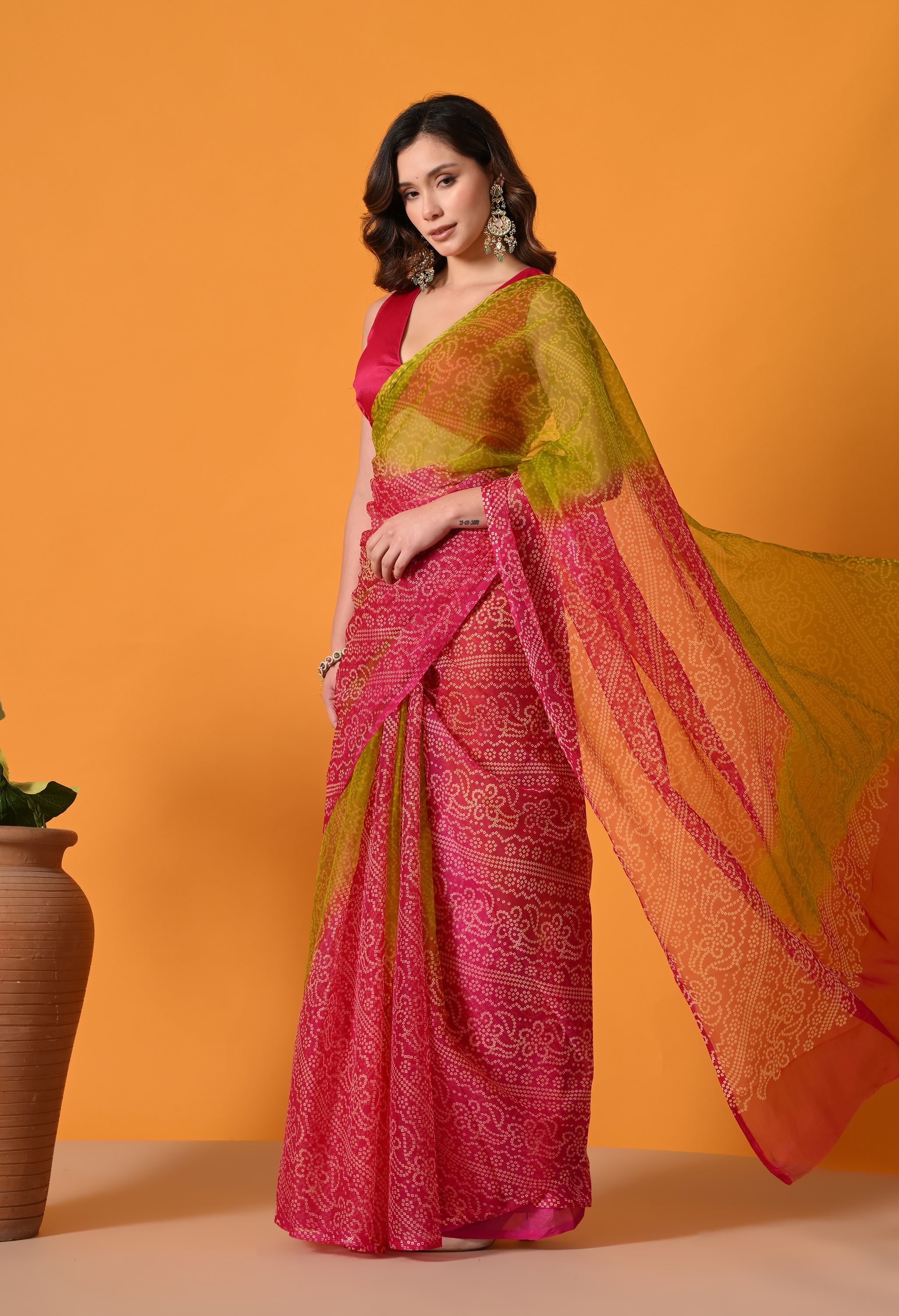 Pink & Olive Green Chiffon Bandhani Print Saree