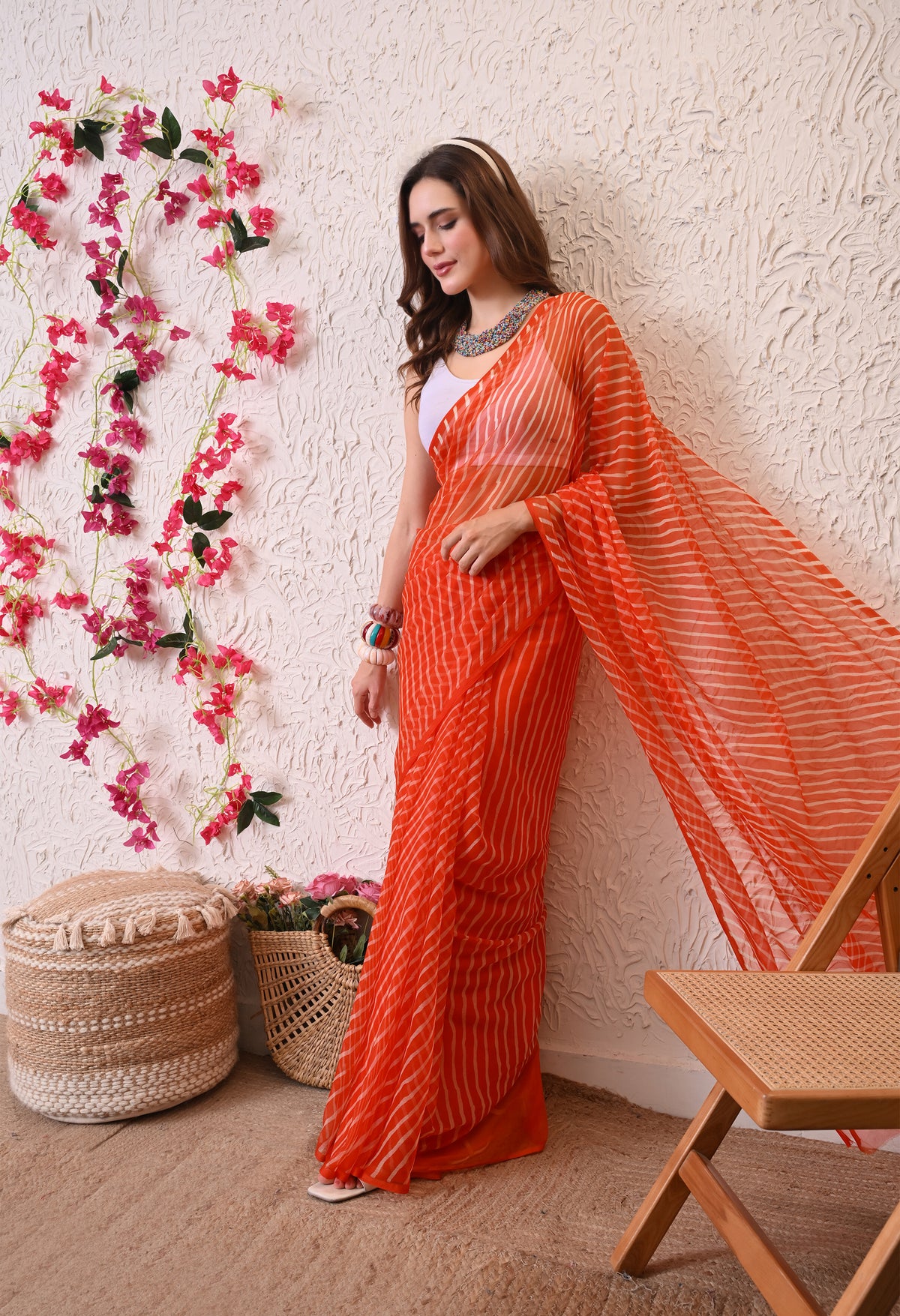 Coral Blaze Italian Chiffon Saree