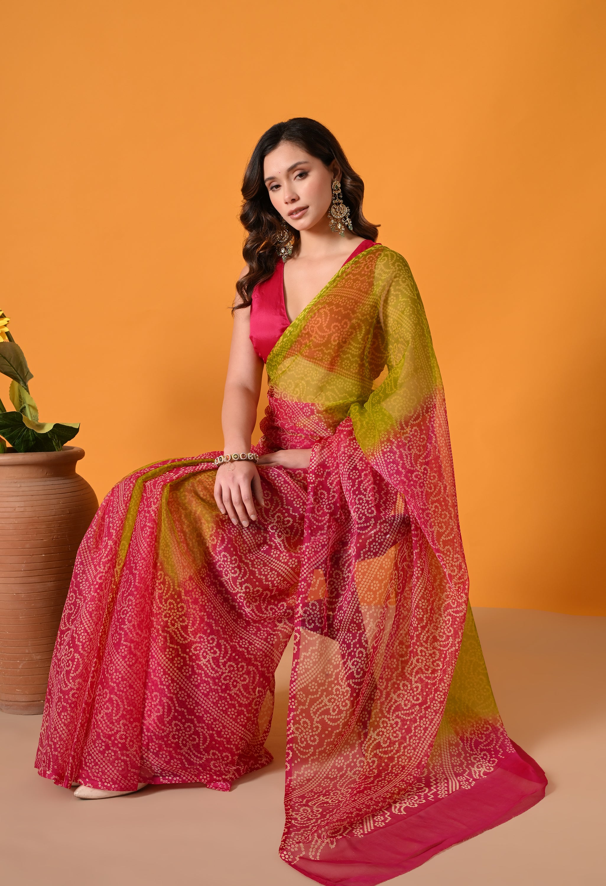 Pink & Olive Green Chiffon Bandhani Print Saree