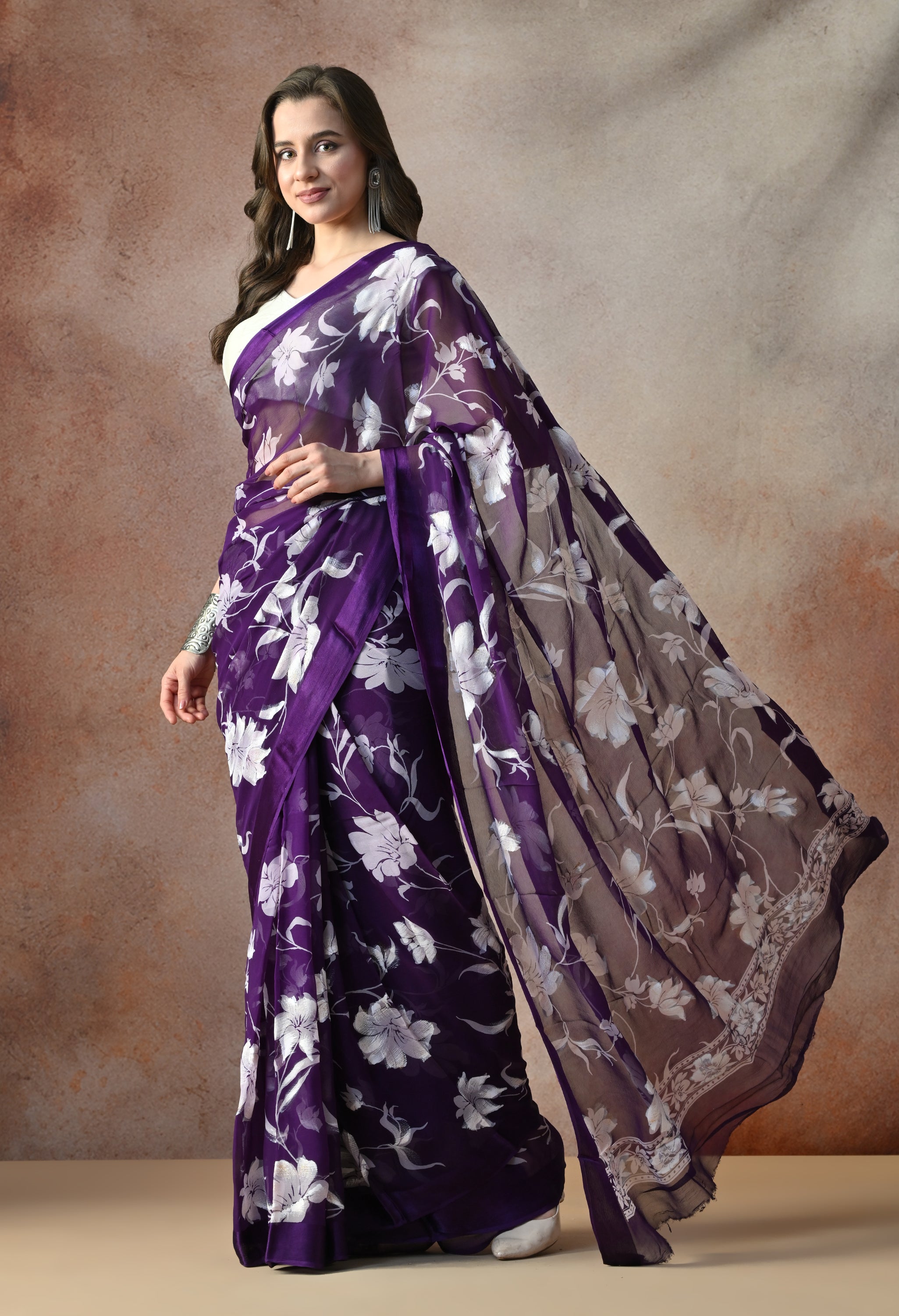 Midnight Purple Iris Floral Print Pure Chiffon Saree