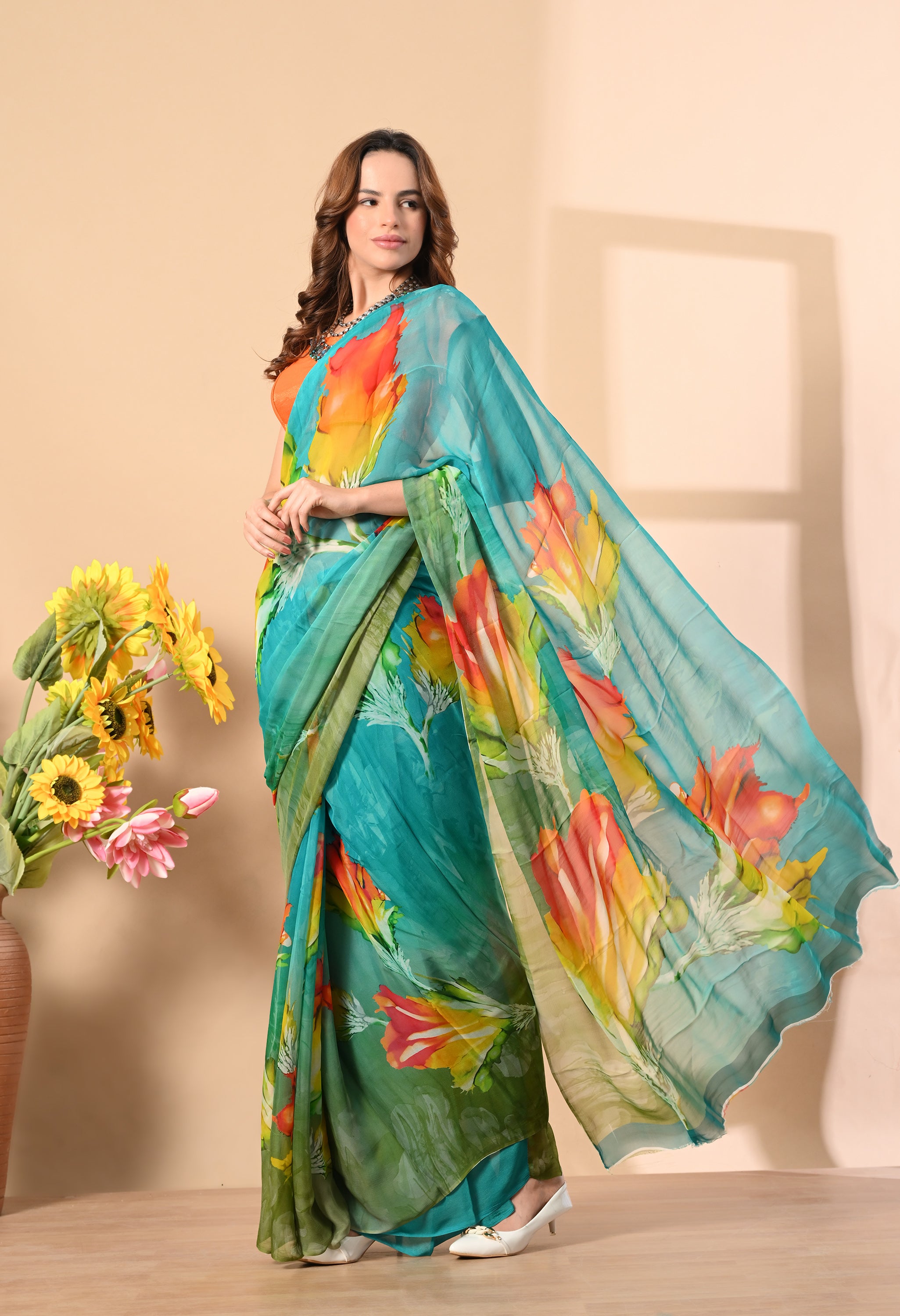 Jade Green Floral Printed Pure Chiffon Saree