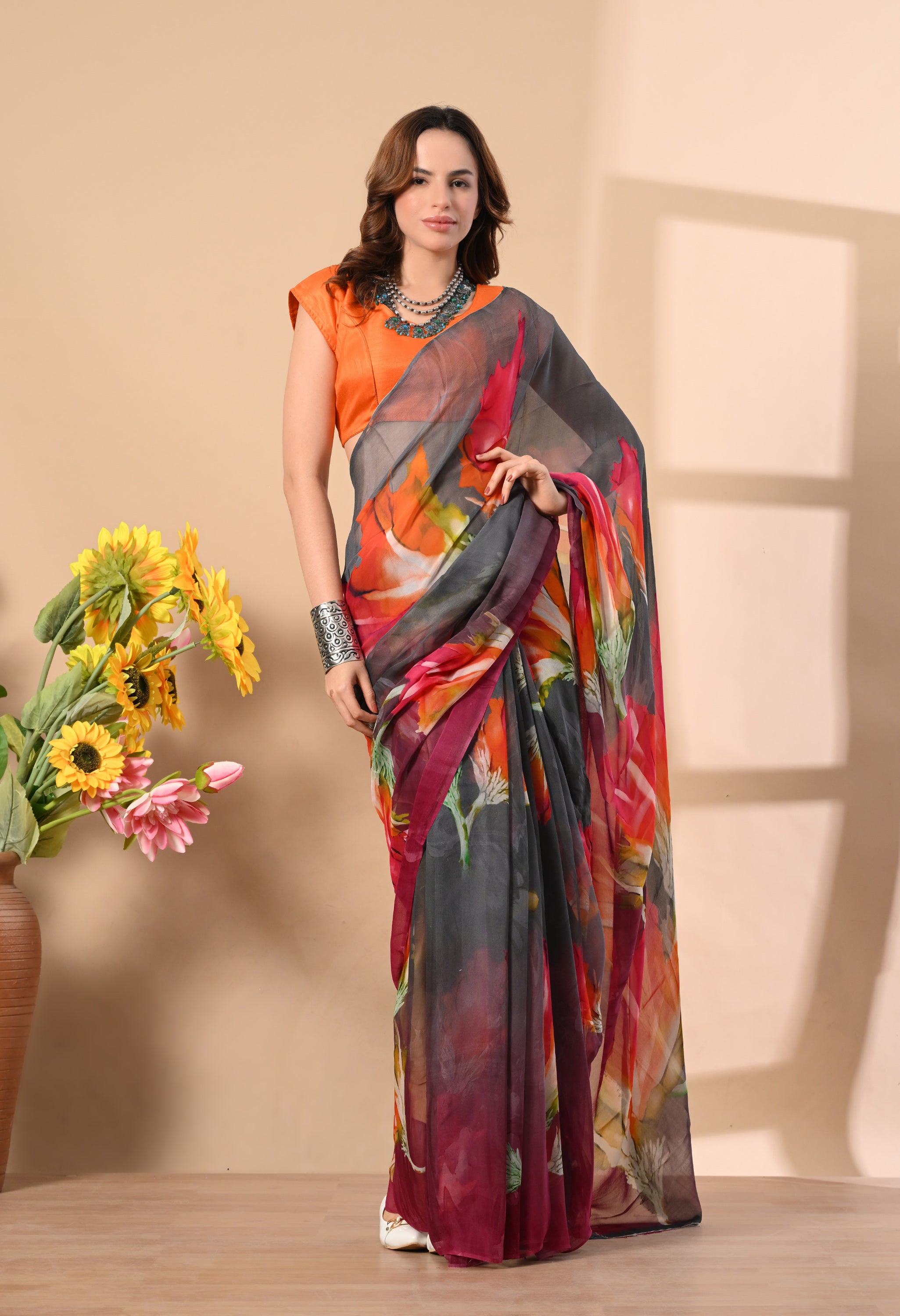 Ash Grey Floral Printed Pure Chiffon Saree