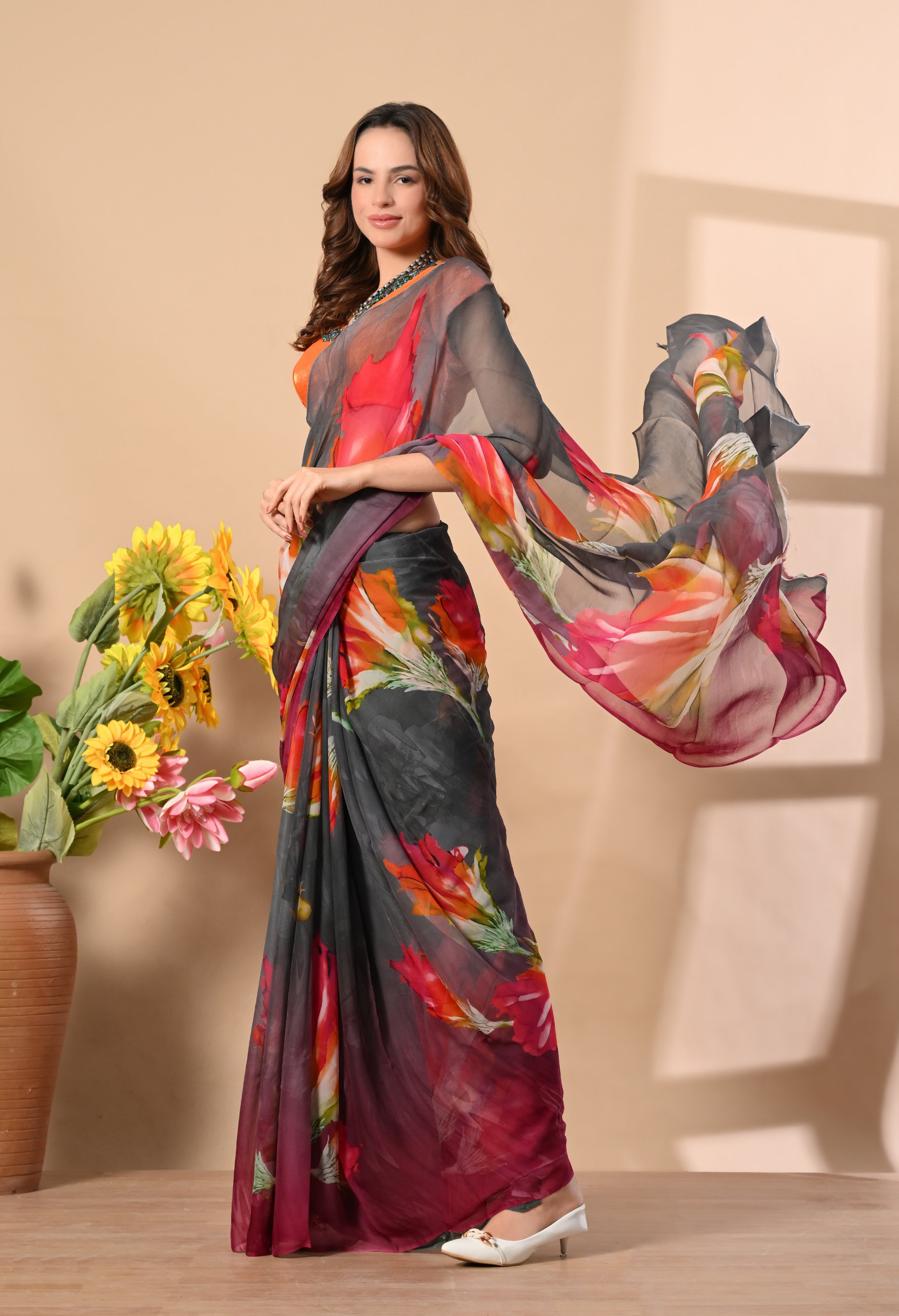 Ash Grey Floral Printed Pure Chiffon Saree