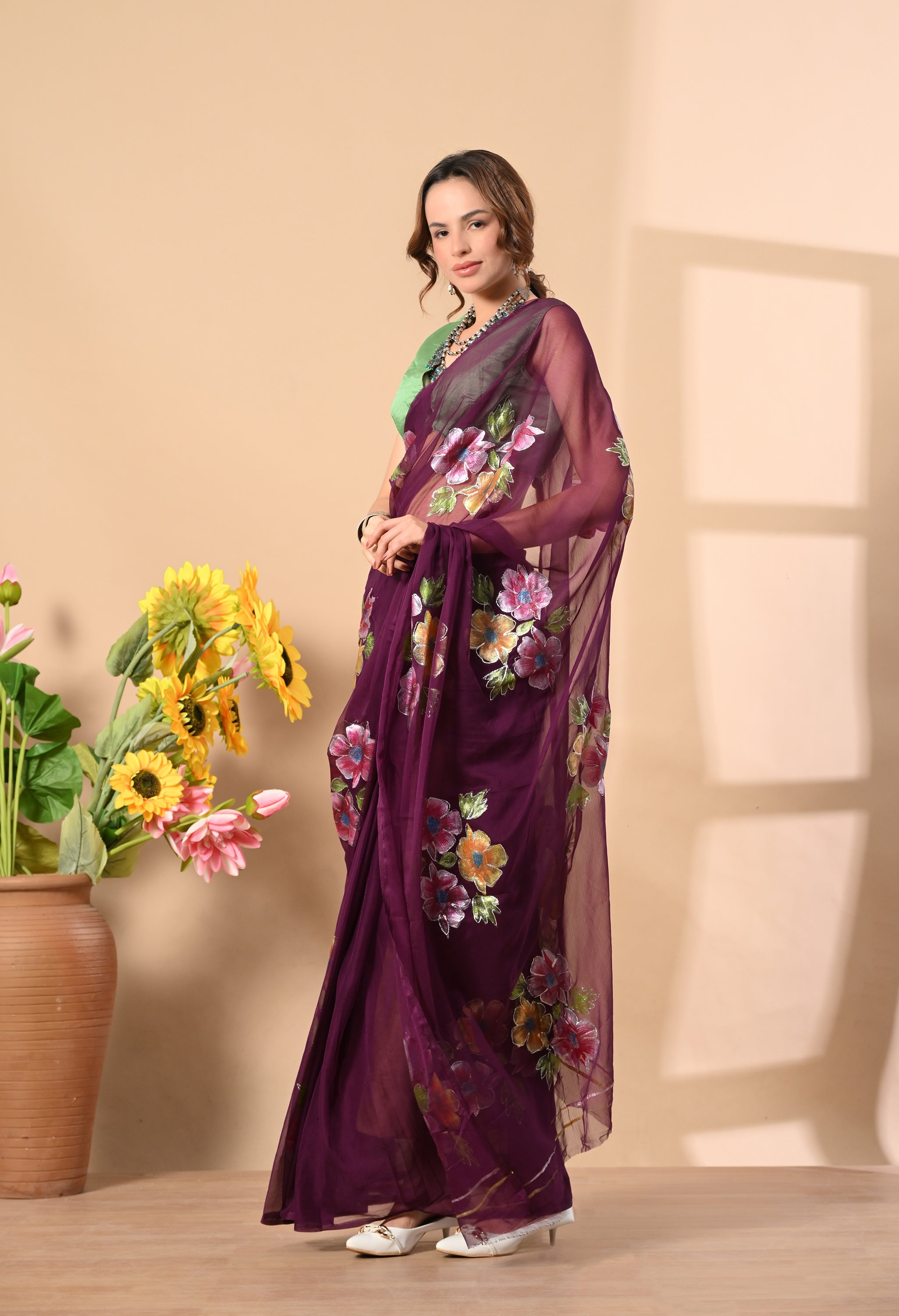 Ruby Wine Hand Painted Chiffon Saree
