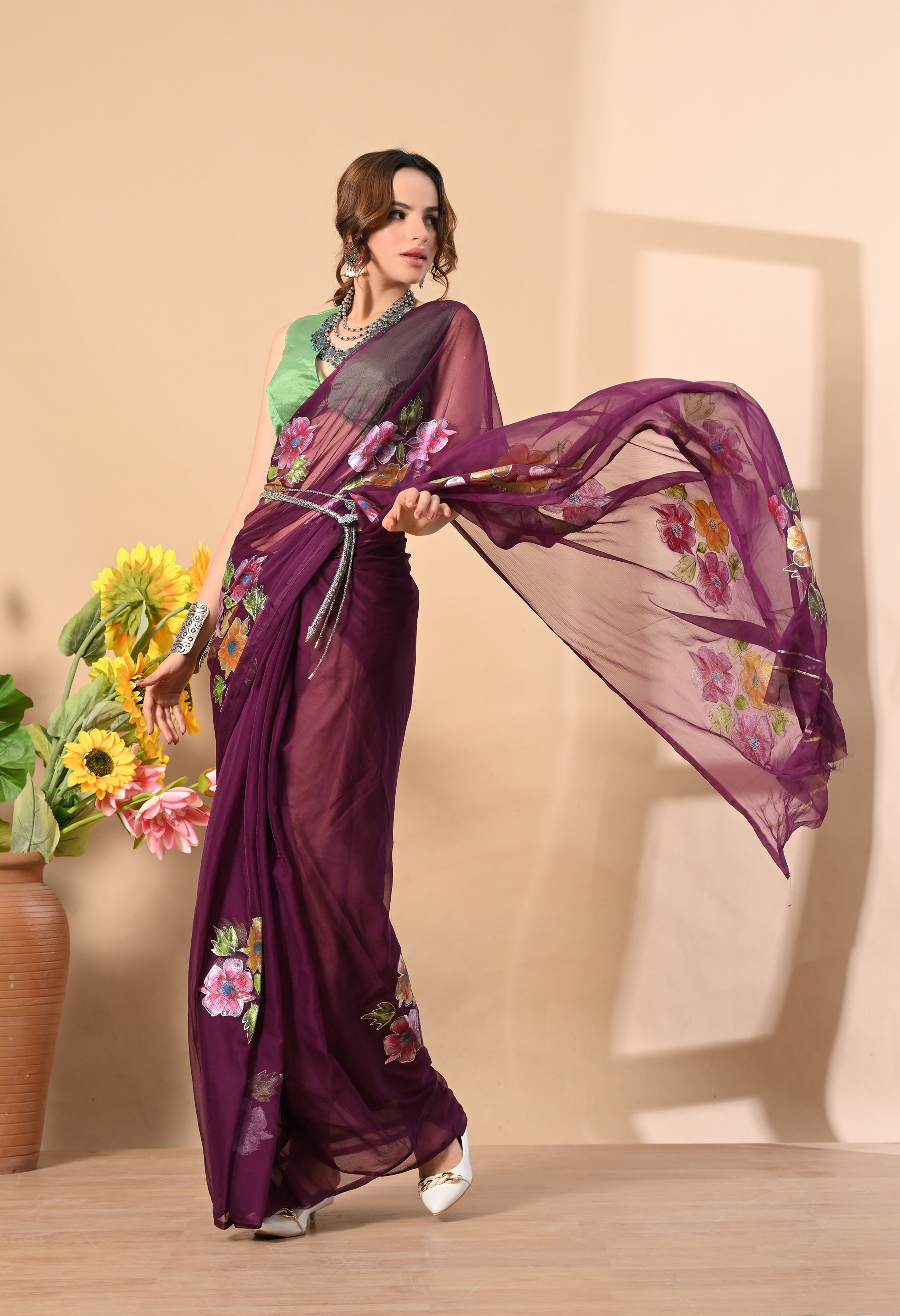 Ruby Wine Hand Painted Chiffon Saree