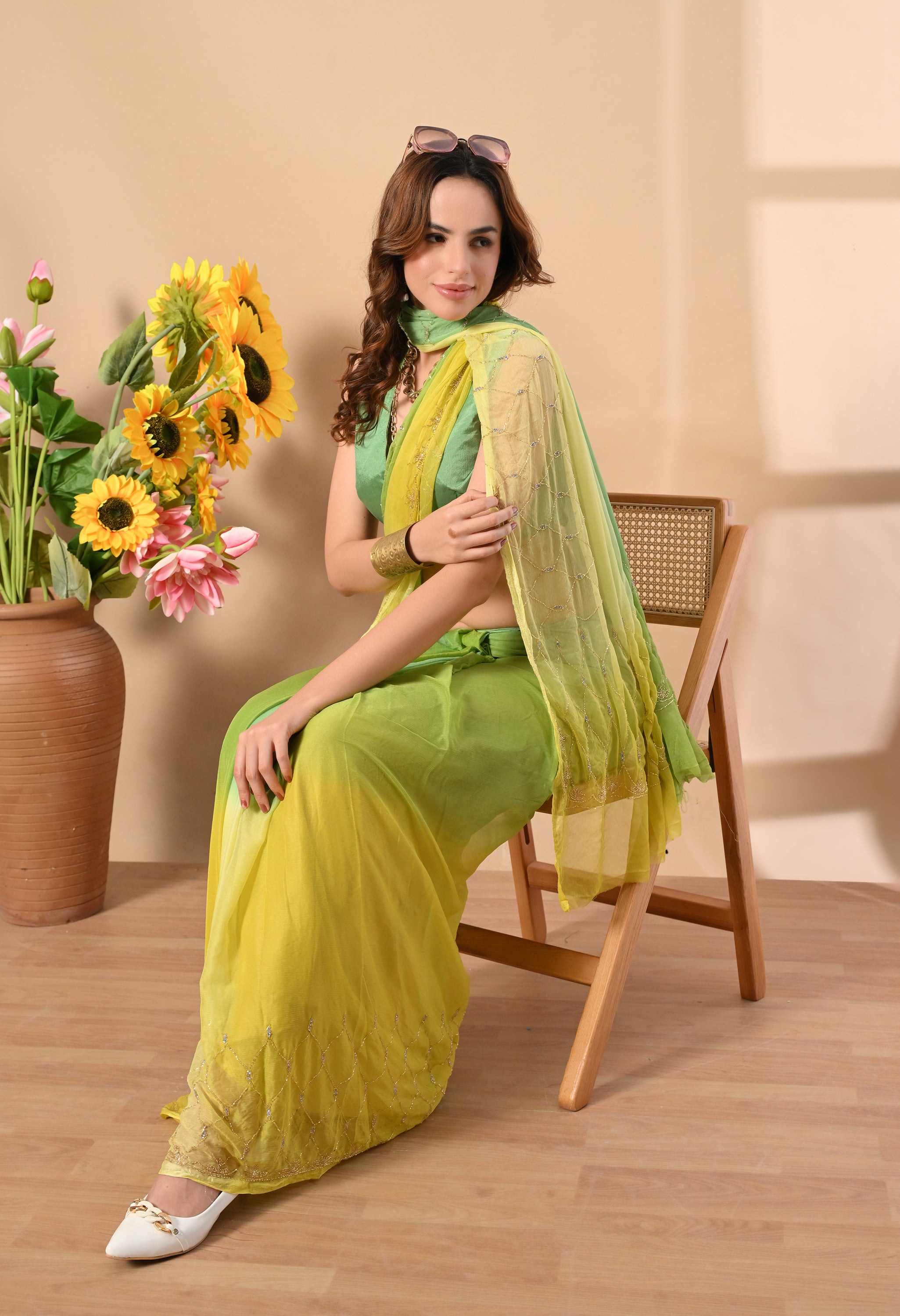 Banana Hue Embellished Chiffon Saree