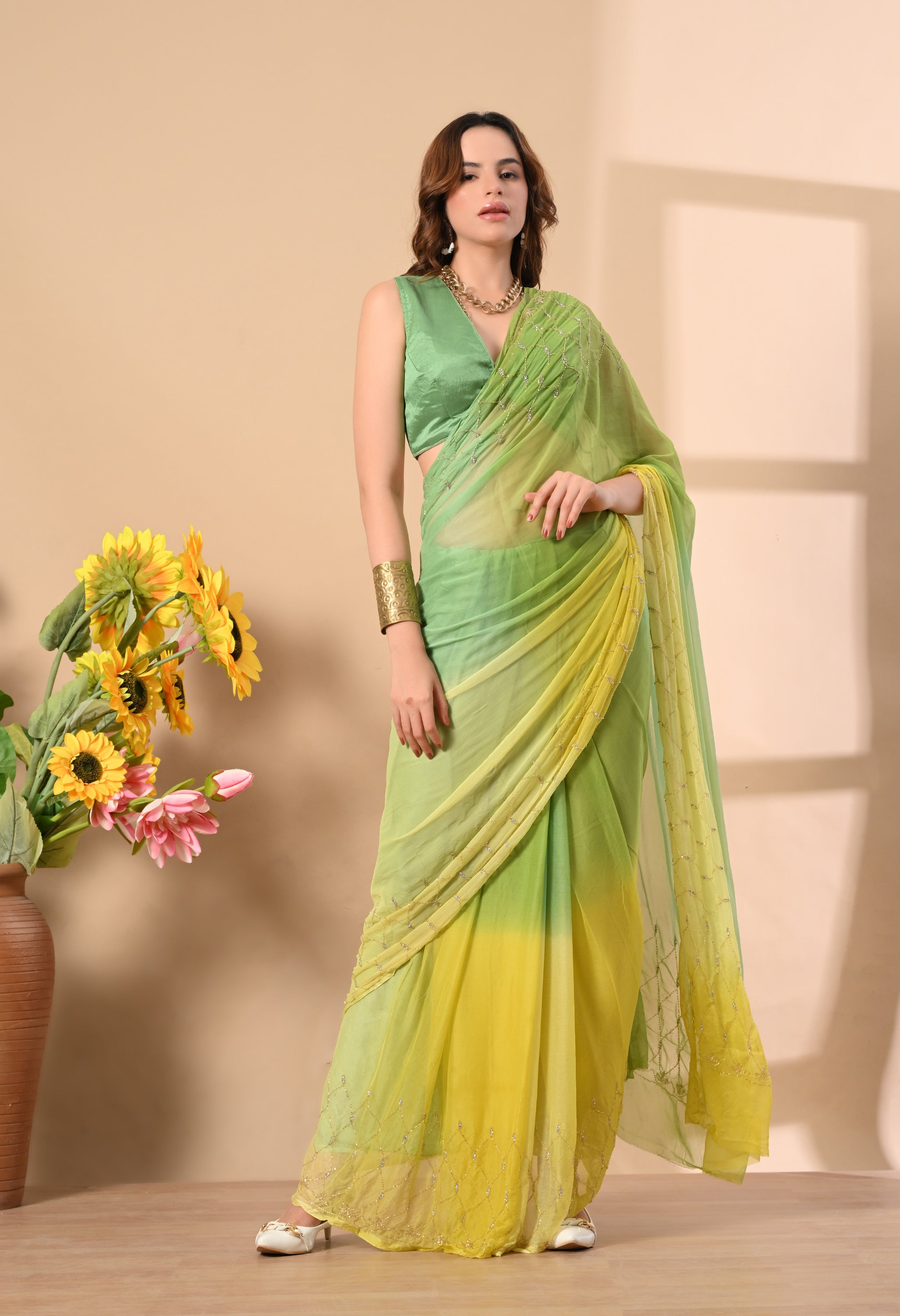 Banana Hue Embellished Chiffon Saree