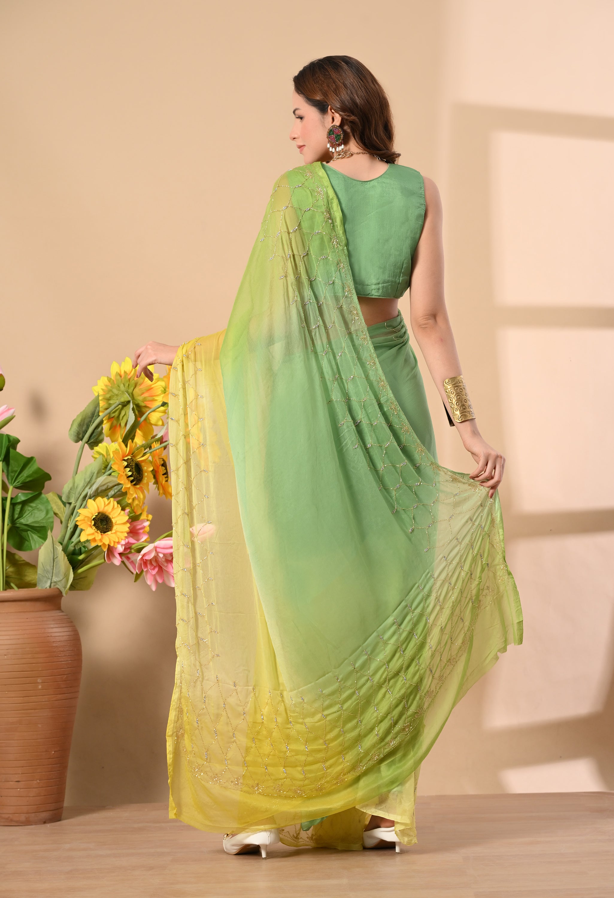 Banana Hue Embellished Chiffon Saree