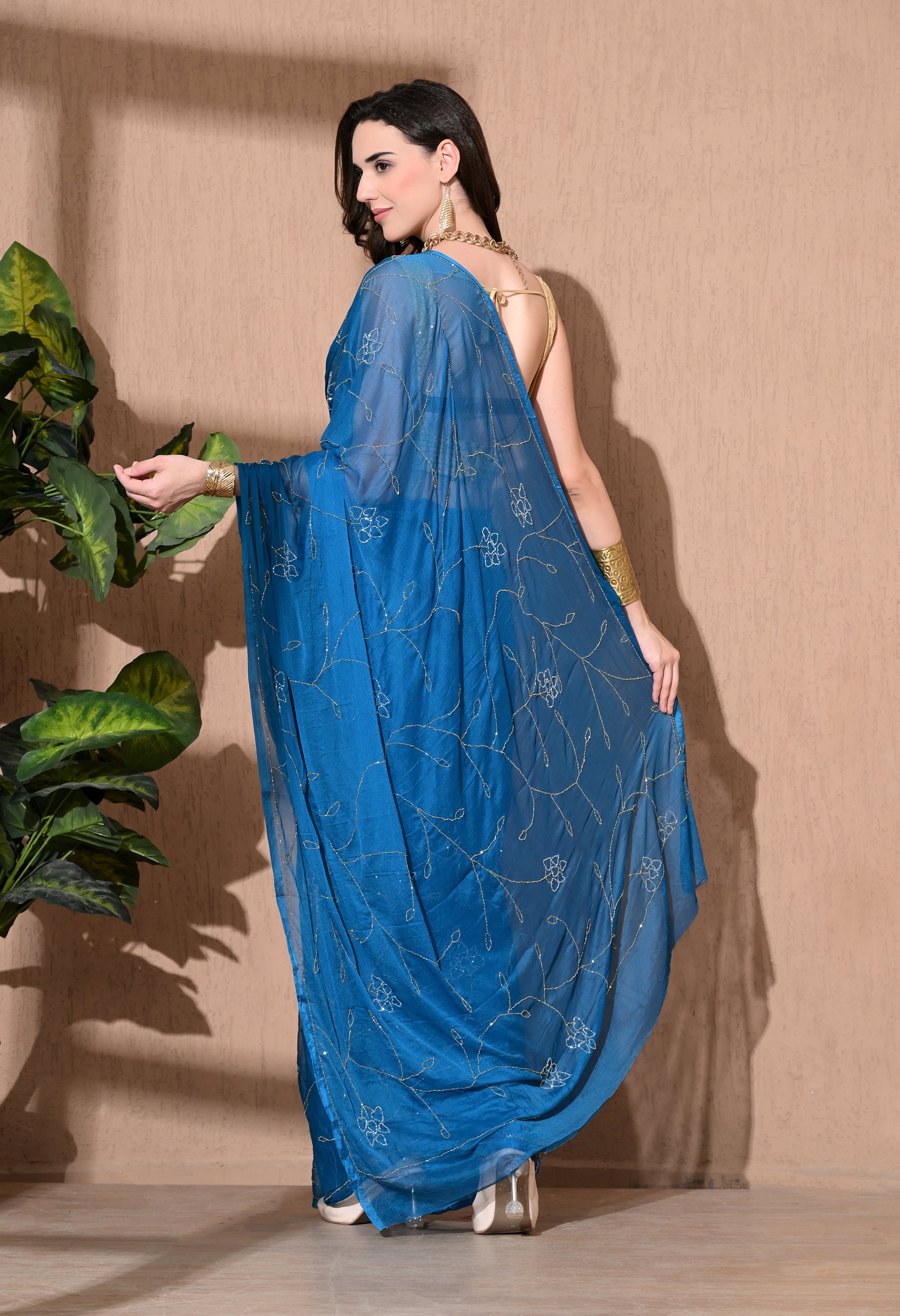 Duke Blue Embellished Chiffon Saree