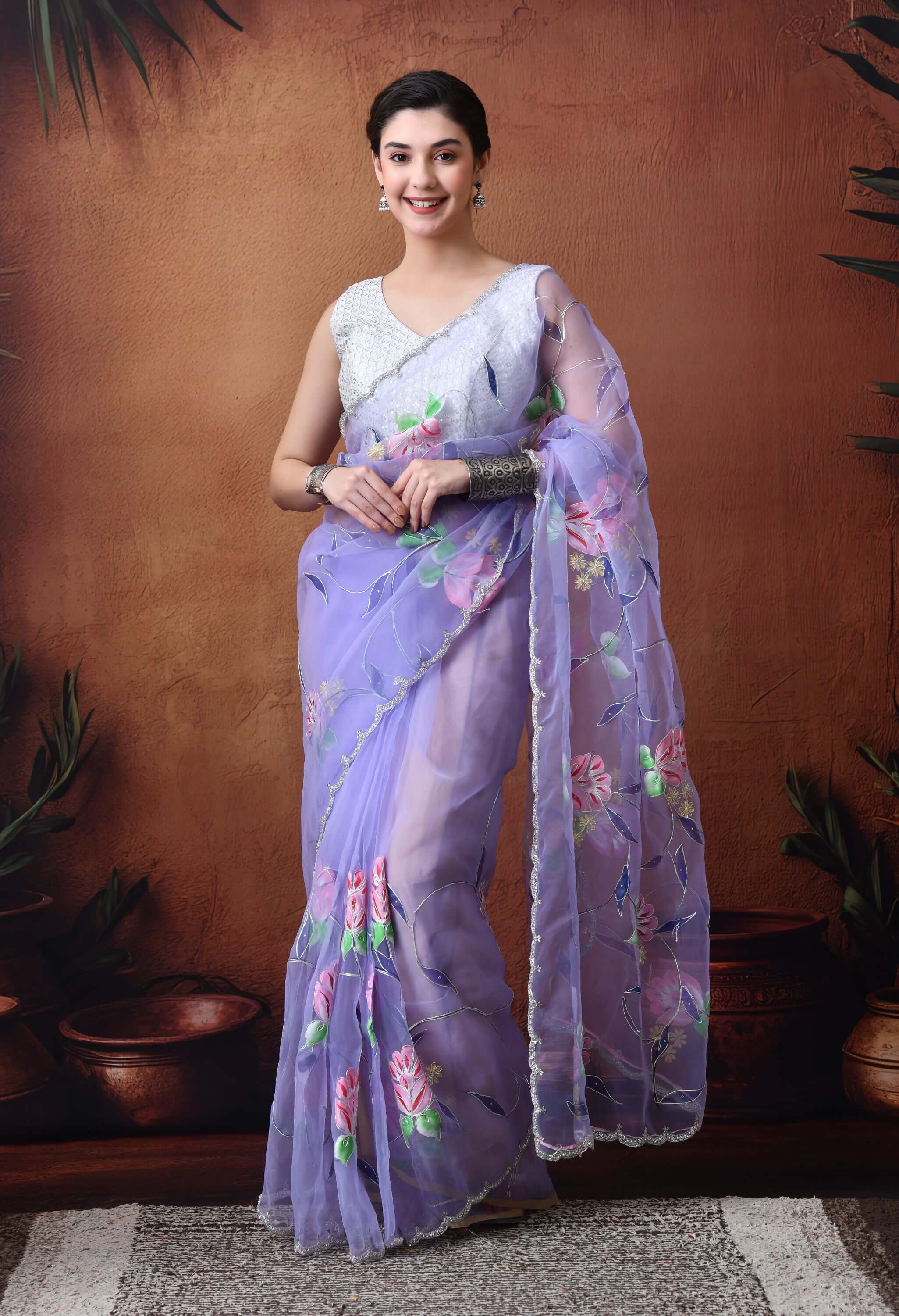 Hand Printed Purple Organza Saree