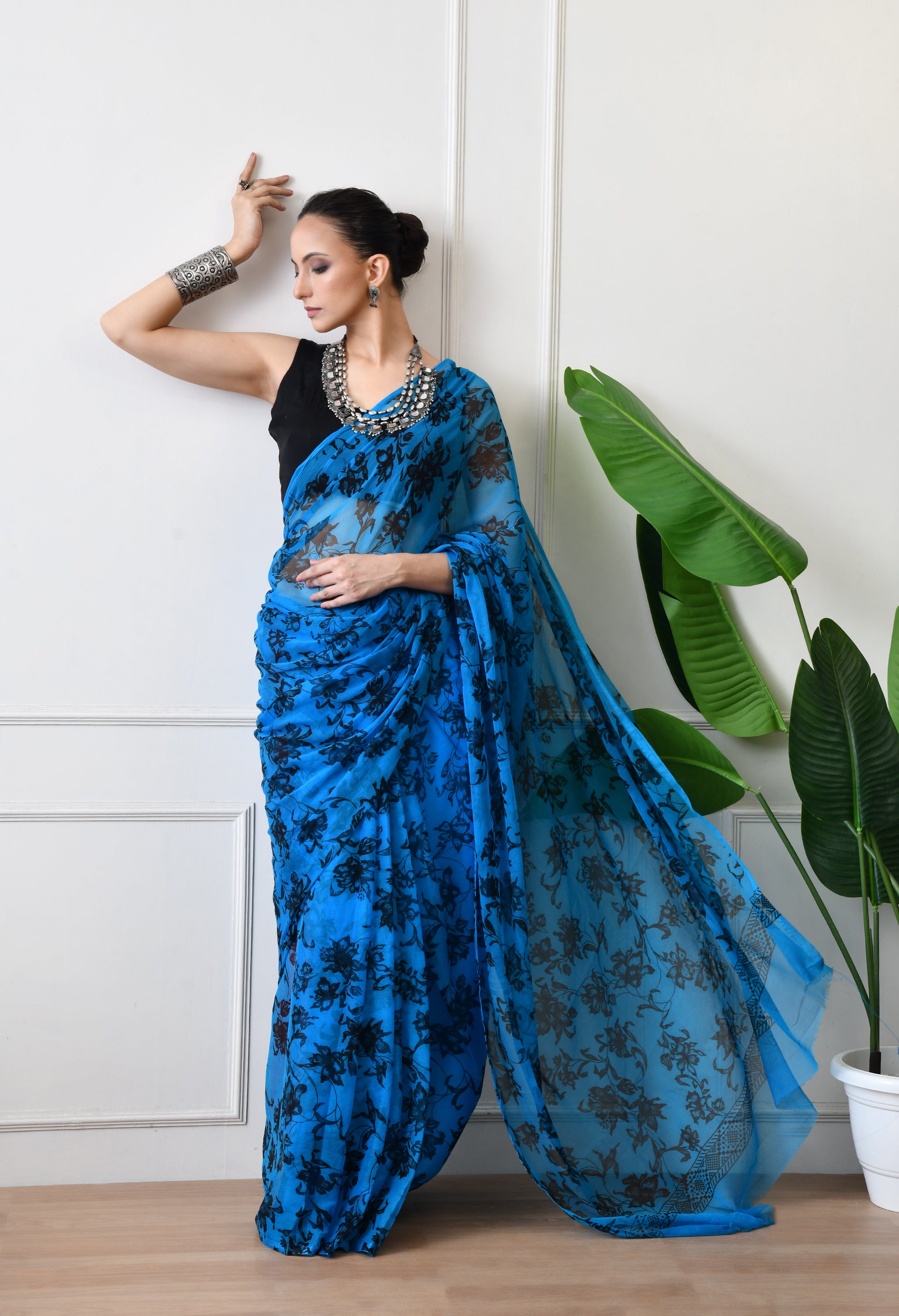 Printed Blue Chiffon Saree