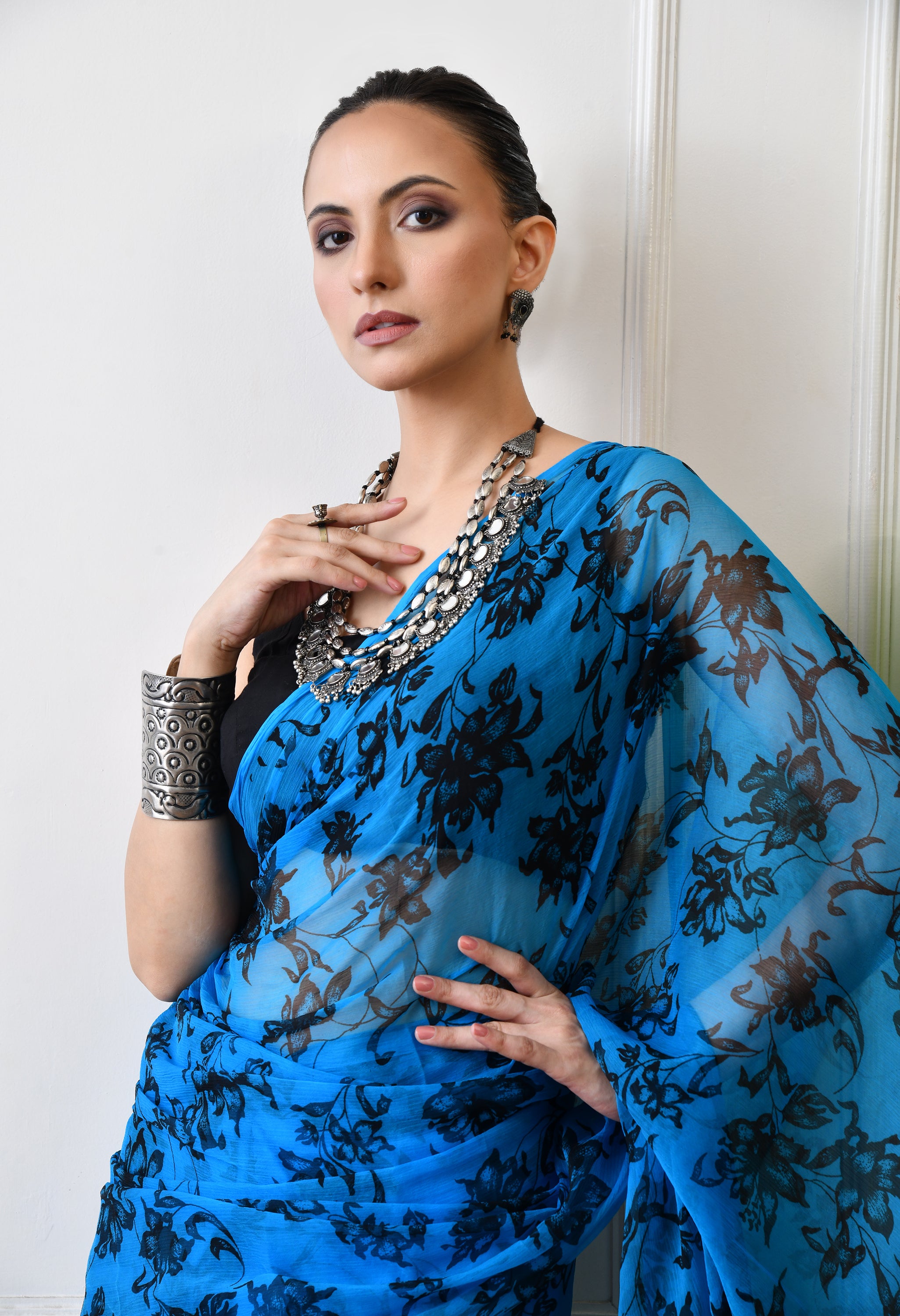 Printed Blue Chiffon Saree