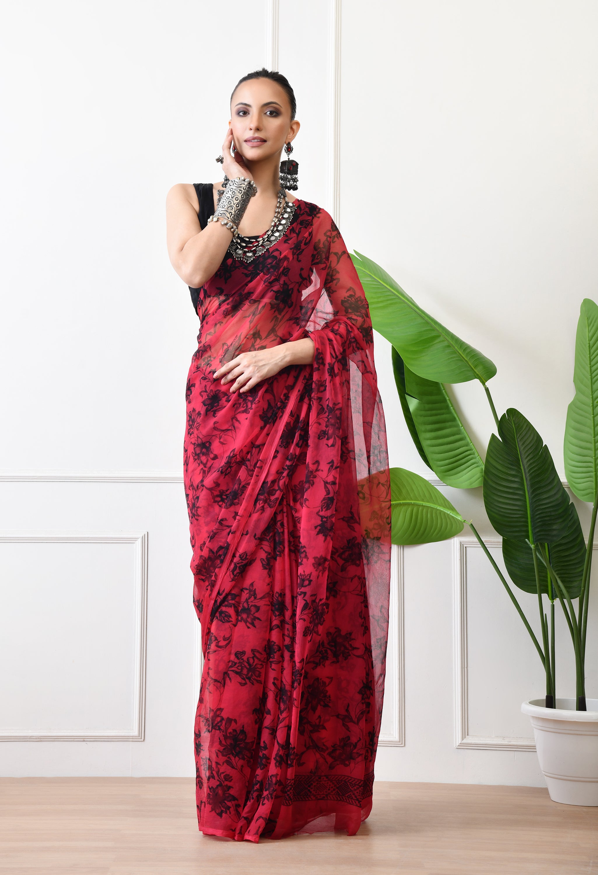 Printed Tomato Red Chiffon Saree