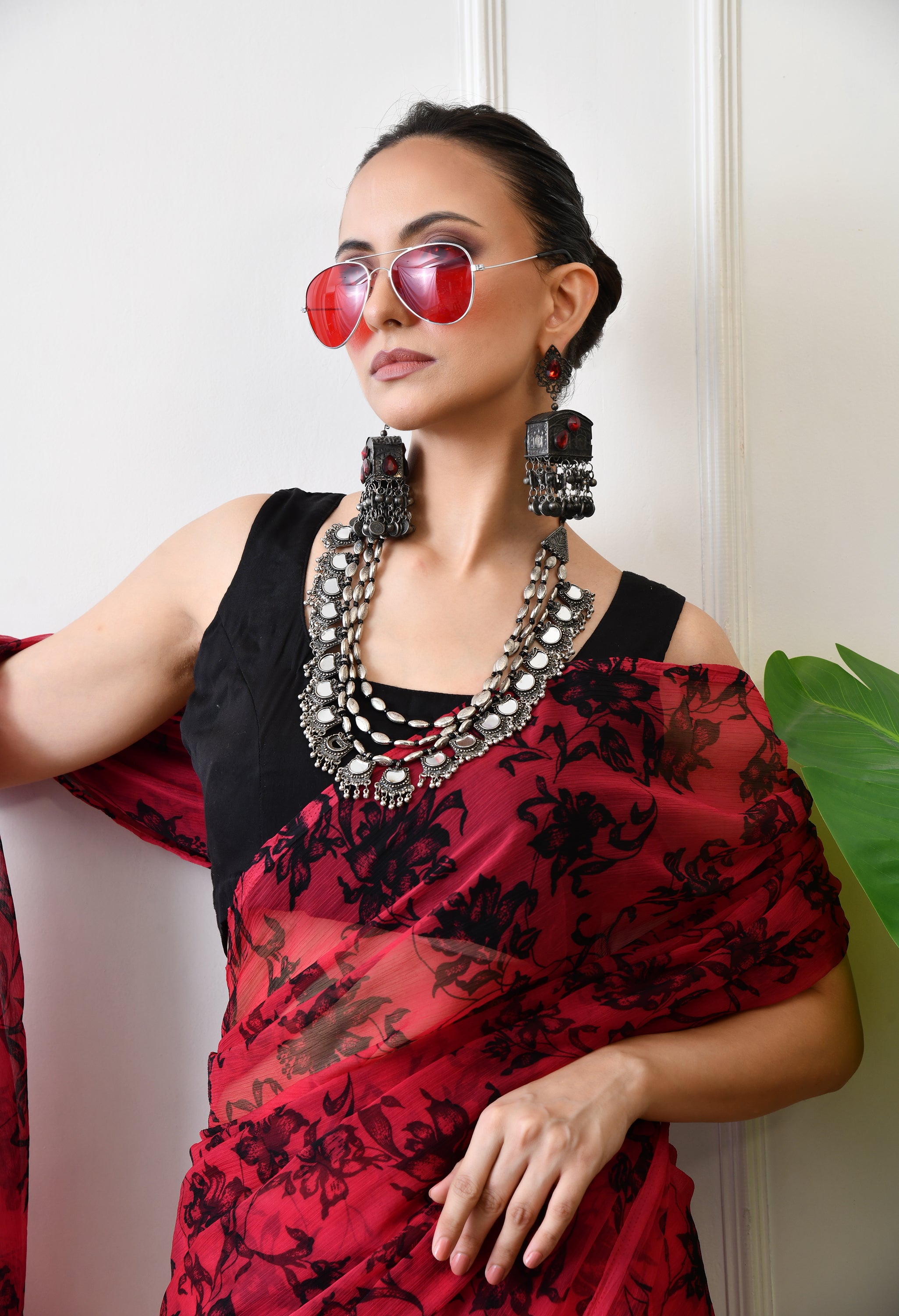 Printed Tomato Red Chiffon Saree