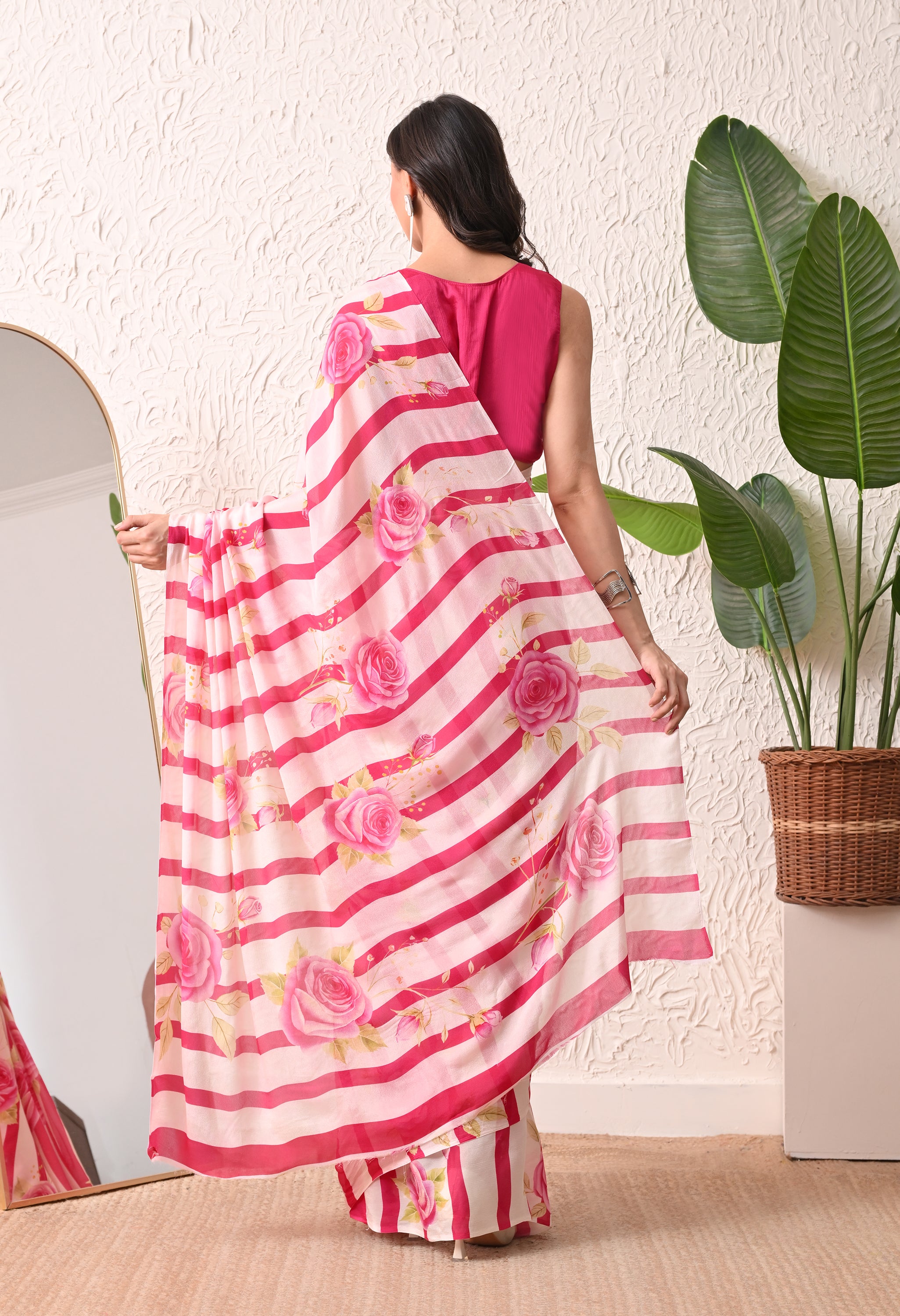 Rosy Ribbon Pure Chiffon Saree
