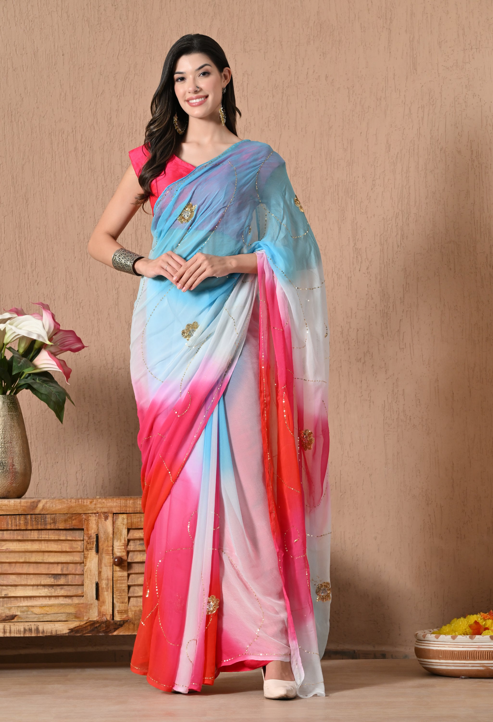 Vivid Pink Tie & Dye Sequin Diamond Chiffon Saree