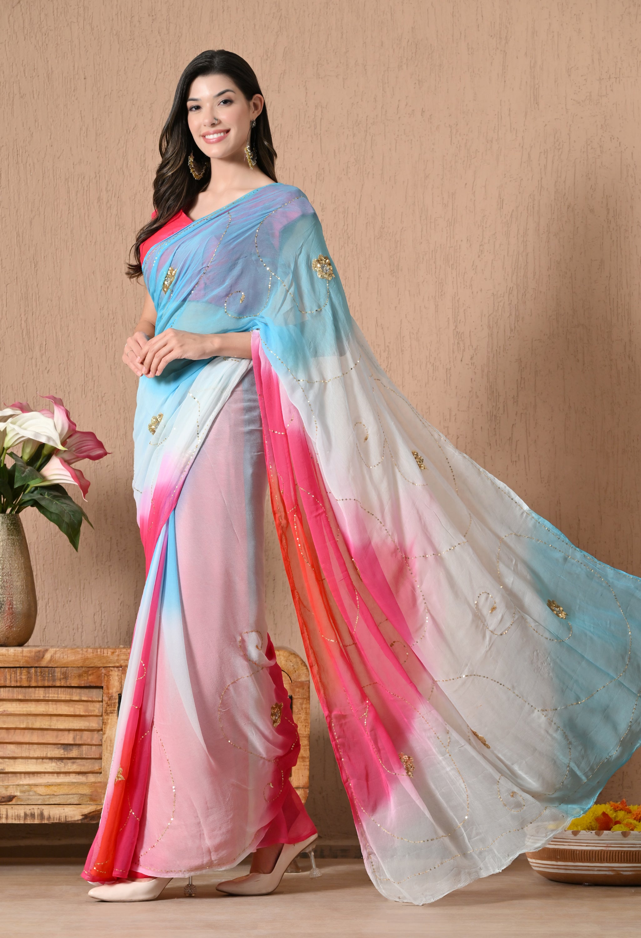 Vivid Pink Tie & Dye Sequin Diamond Chiffon Saree
