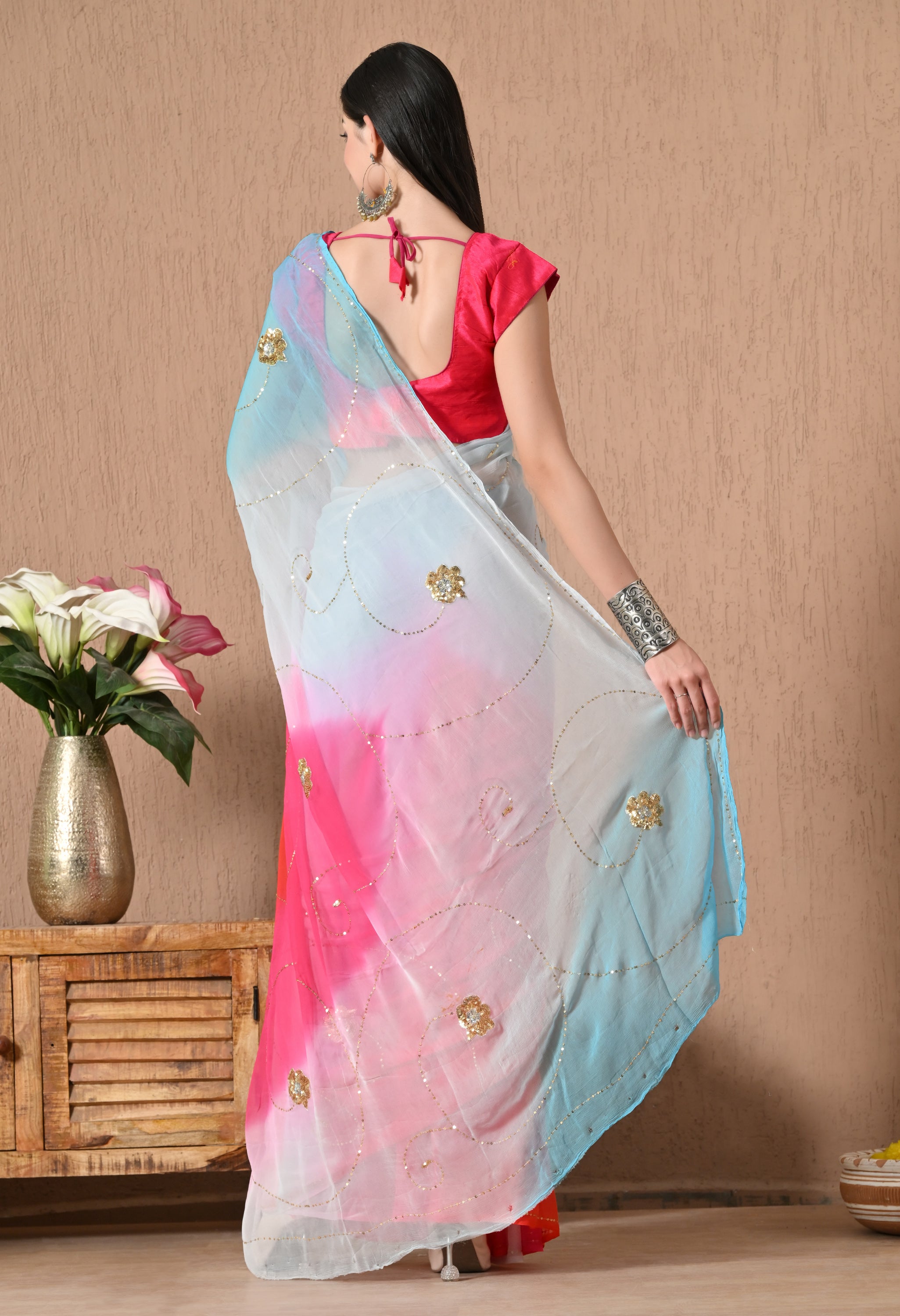 Vivid Pink Tie & Dye Sequin Diamond Chiffon Saree