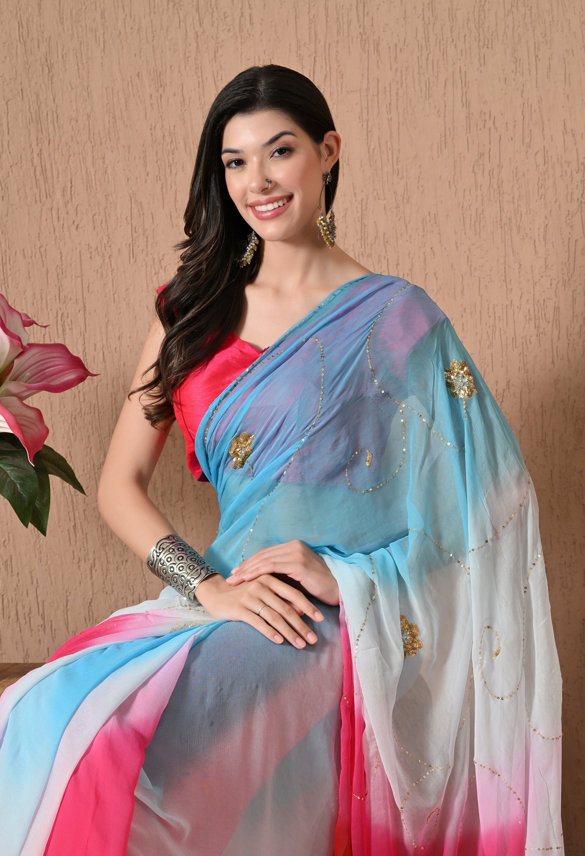 Vivid Pink Tie & Dye Sequin Diamond Chiffon Saree