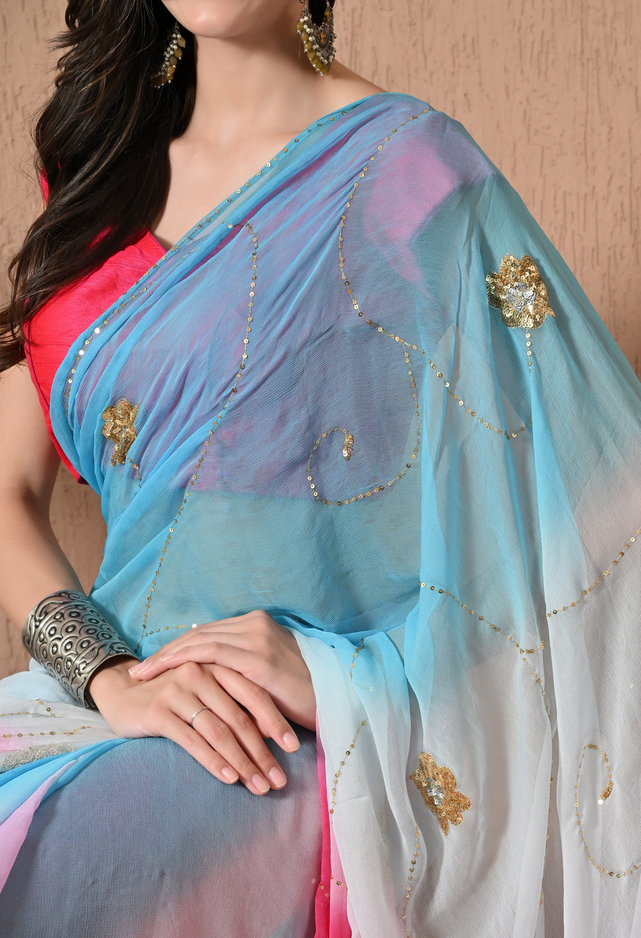 Vivid Pink Tie & Dye Sequin Diamond Chiffon Saree