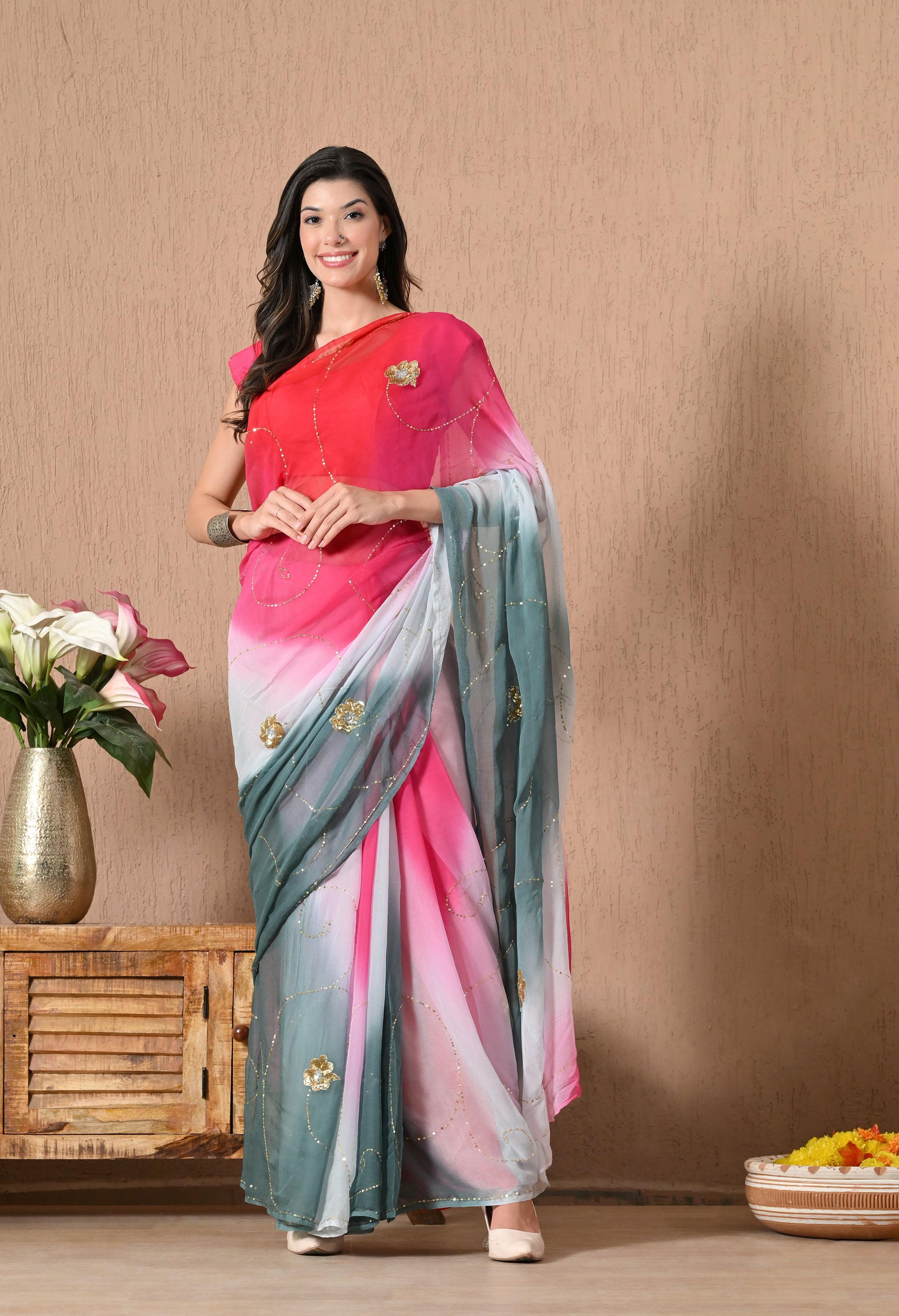 Grey Mulberry Tie & Dye Sequin Diamond Chiffon Saree