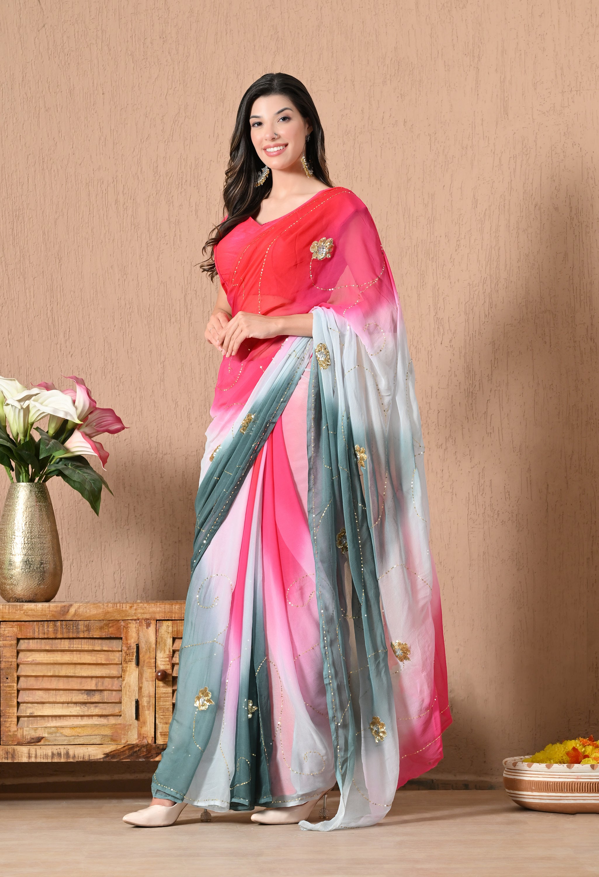 Grey Mulberry Tie & Dye Sequin Diamond Chiffon Saree