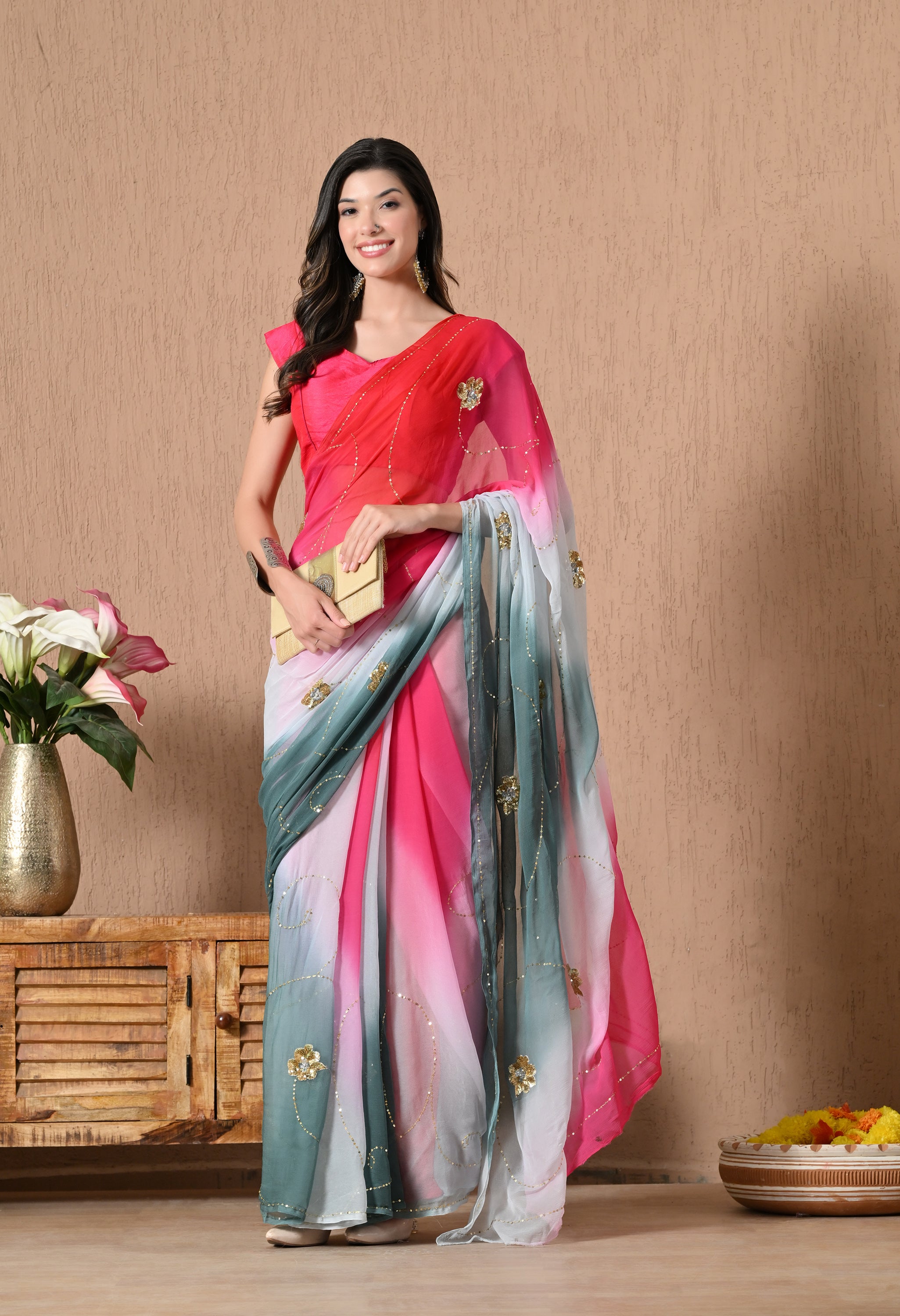 Grey Mulberry Tie & Dye Sequin Diamond Chiffon Saree