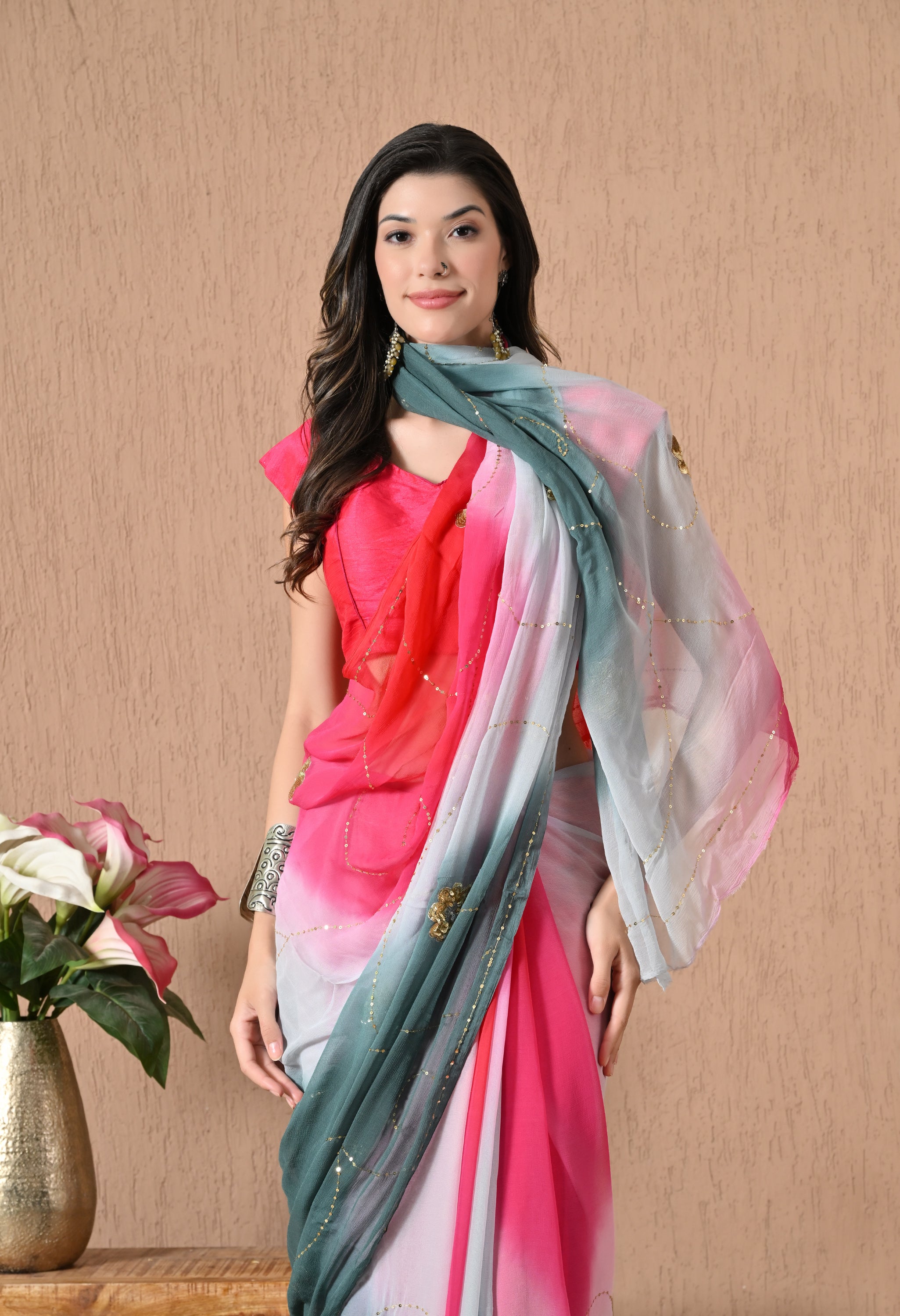 Grey Mulberry Tie & Dye Sequin Diamond Chiffon Saree