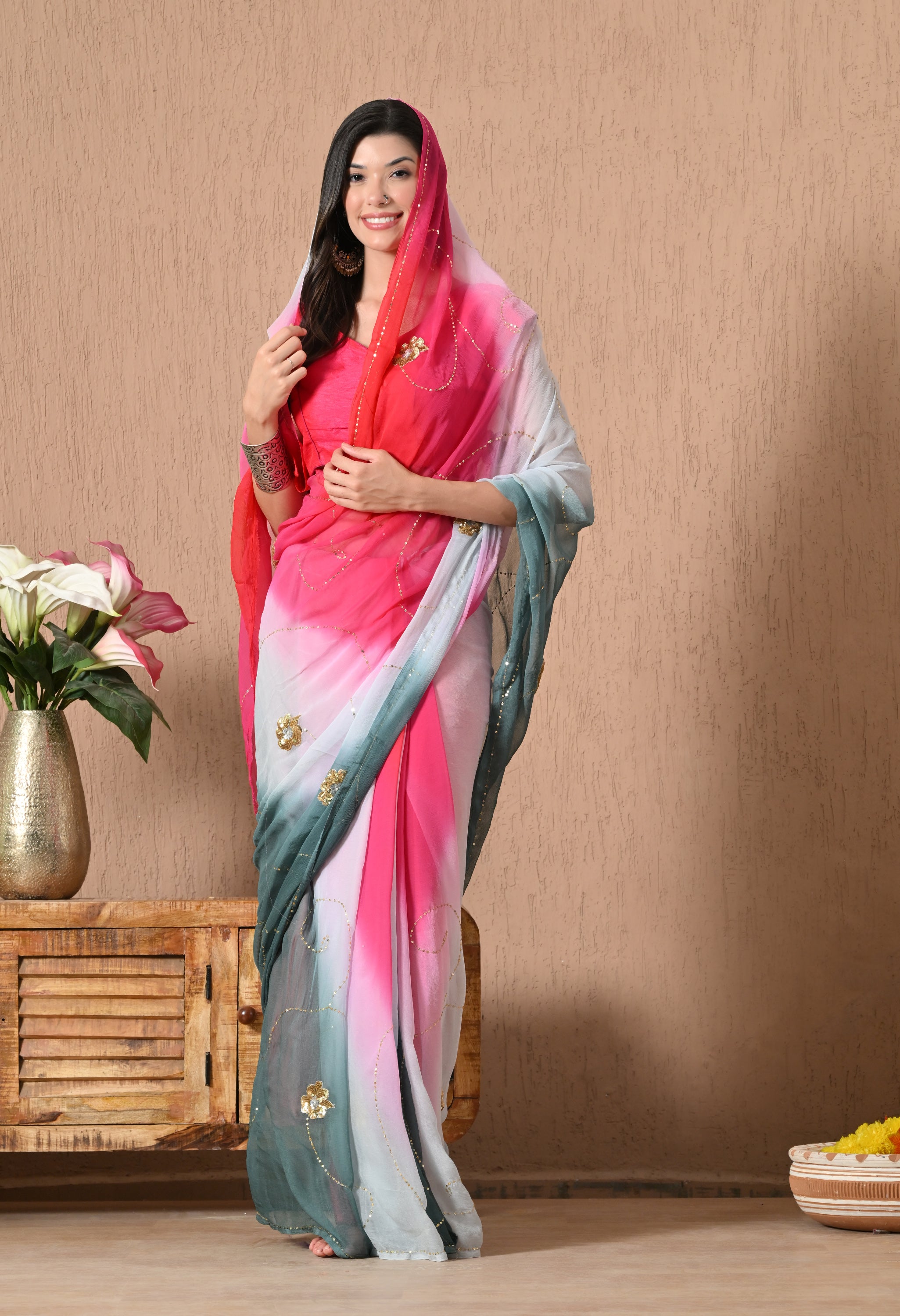 Grey Mulberry Tie & Dye Sequin Diamond Chiffon Saree