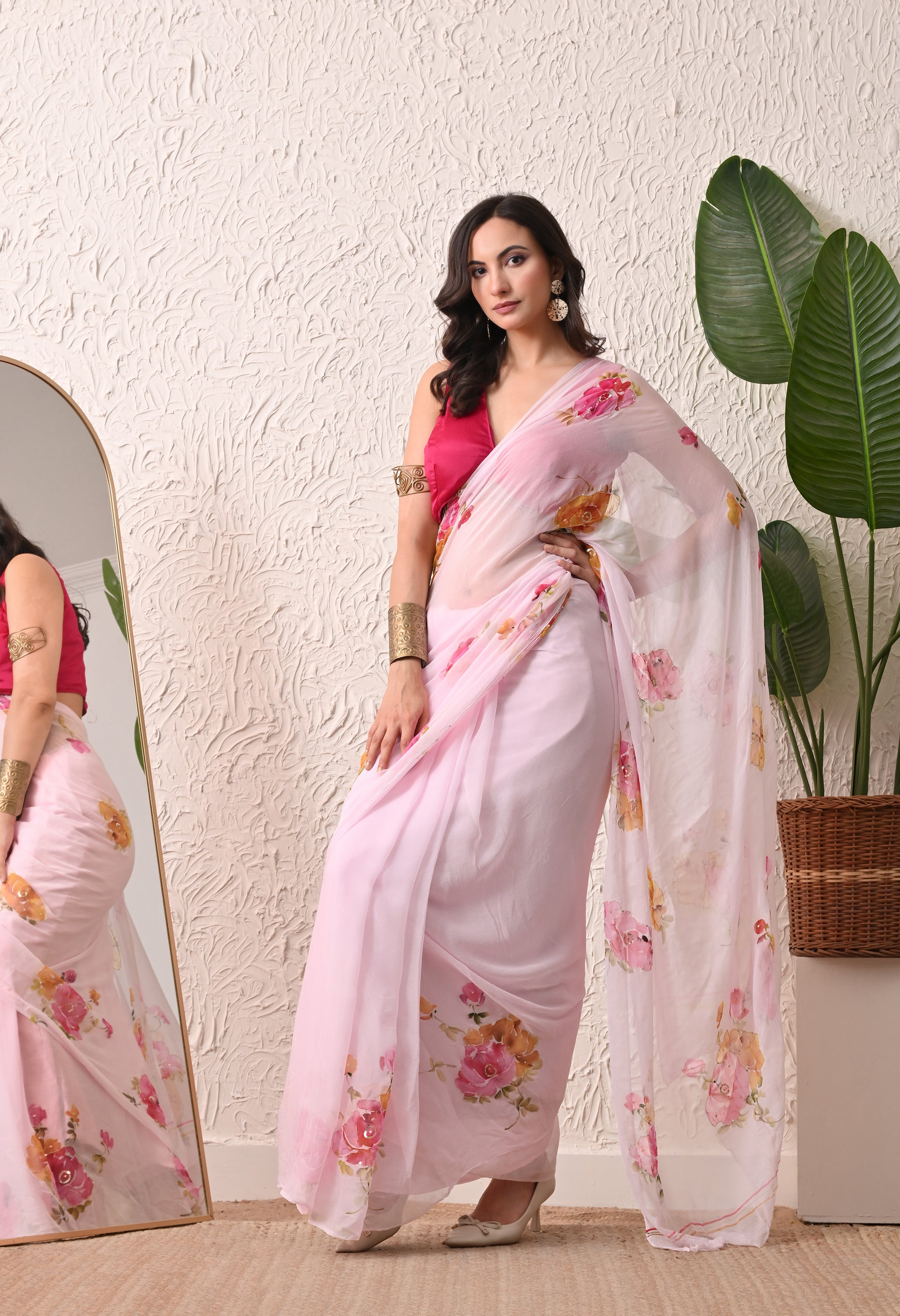 Blush Meadow Handpainted Pure Chiffon Saree