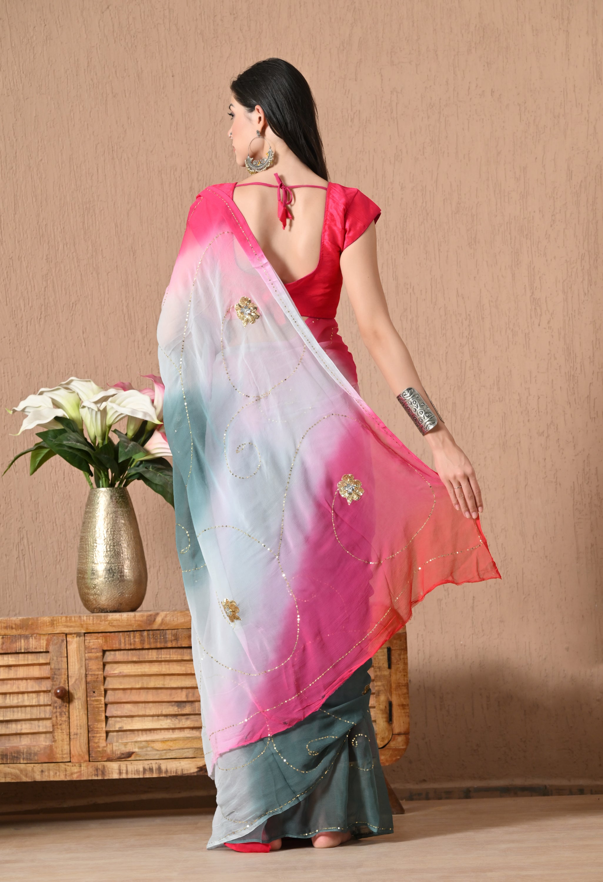Grey Mulberry Tie & Dye Sequin Diamond Chiffon Saree