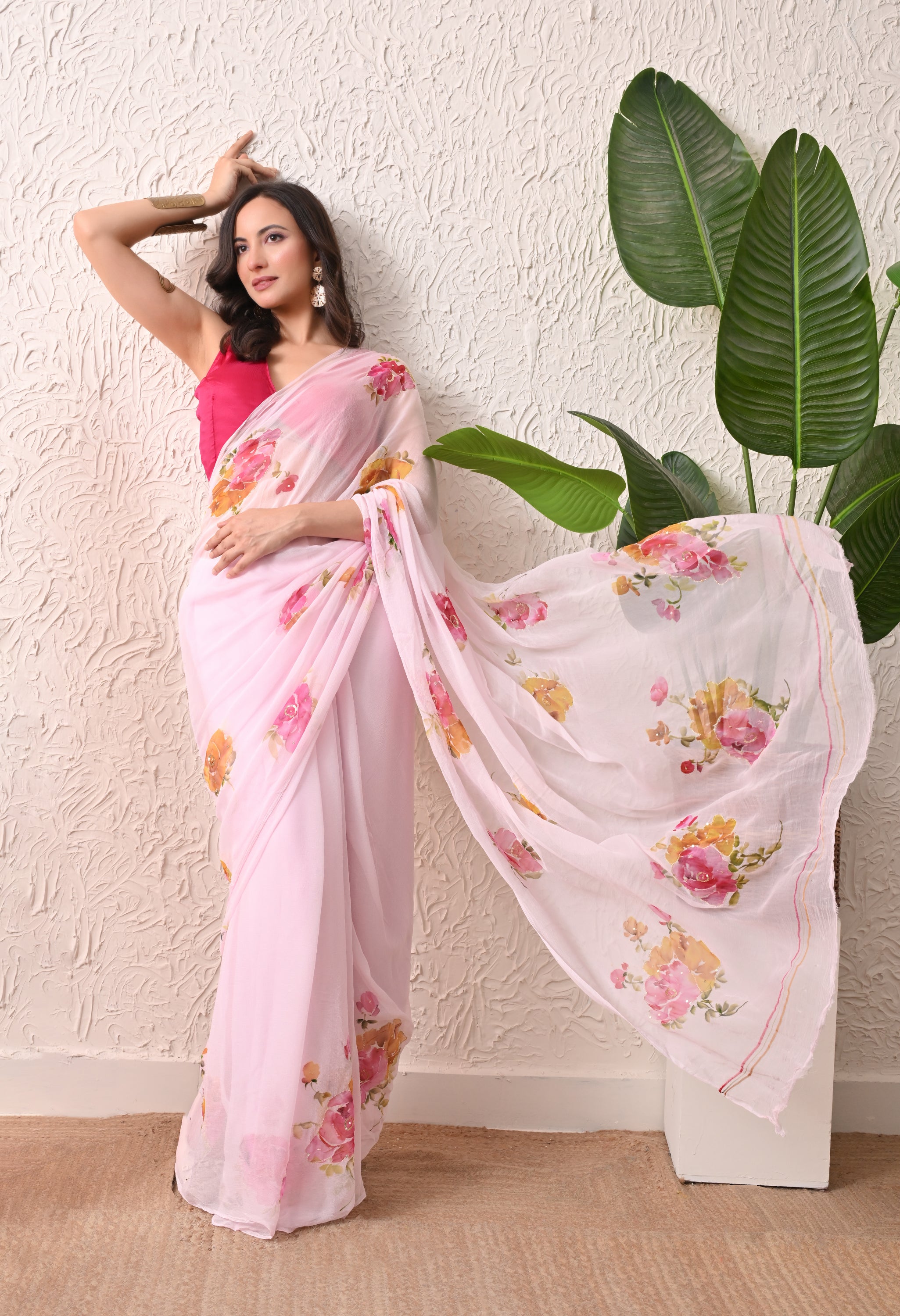Blush Meadow Handpainted Pure Chiffon Saree