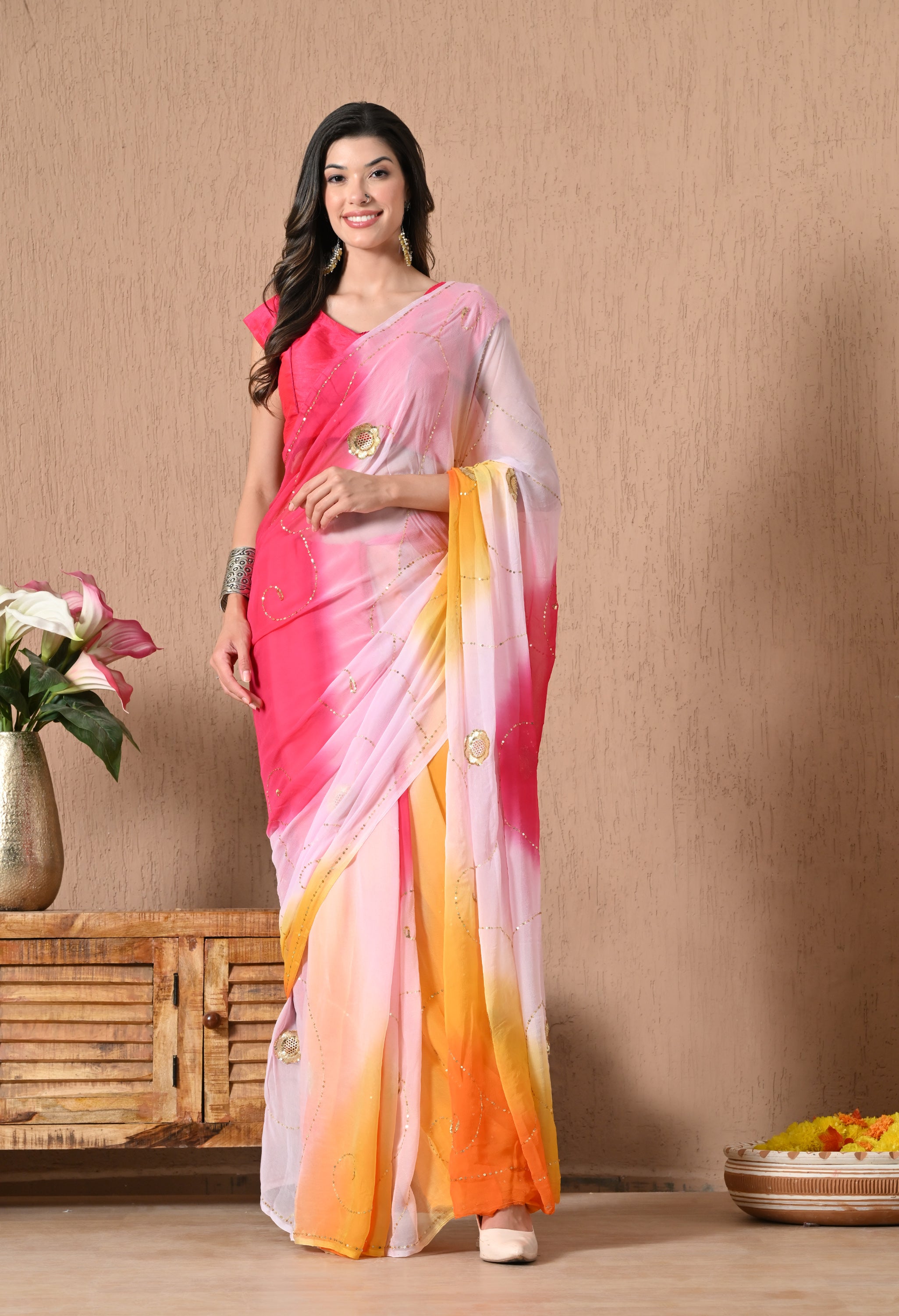 Salmon Pink Tie & Dye Sequin Diamond Chiffon Saree